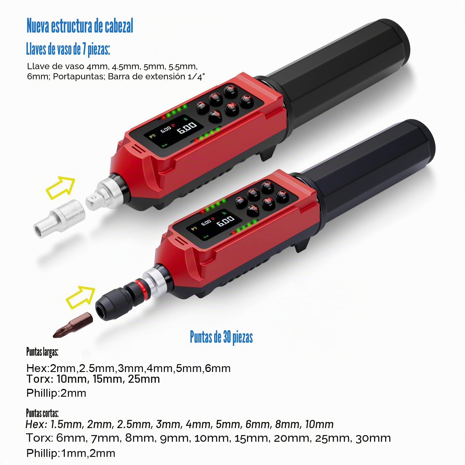 ANPUDS Destornillador de par digital, 0,09 – 6 Nm, destornillador ajustable, juego de llaves dinamométricas con ± 1% de precisión de error, vibraciones, zumbador e indicador LED