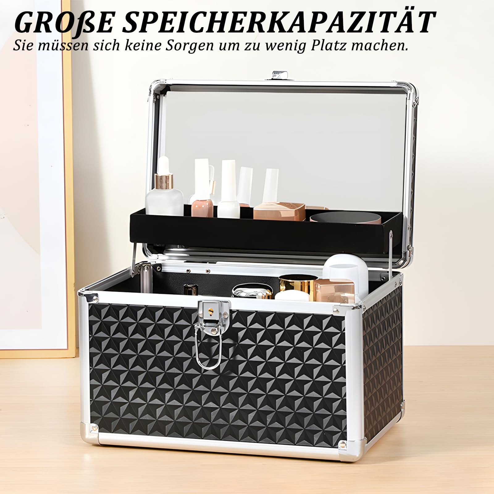 Mallette de maquillage vide verrouillable avec miroir et clé, noire, petite valise cosmétique, Noir , 30 x 20 x 20 cm, Classique