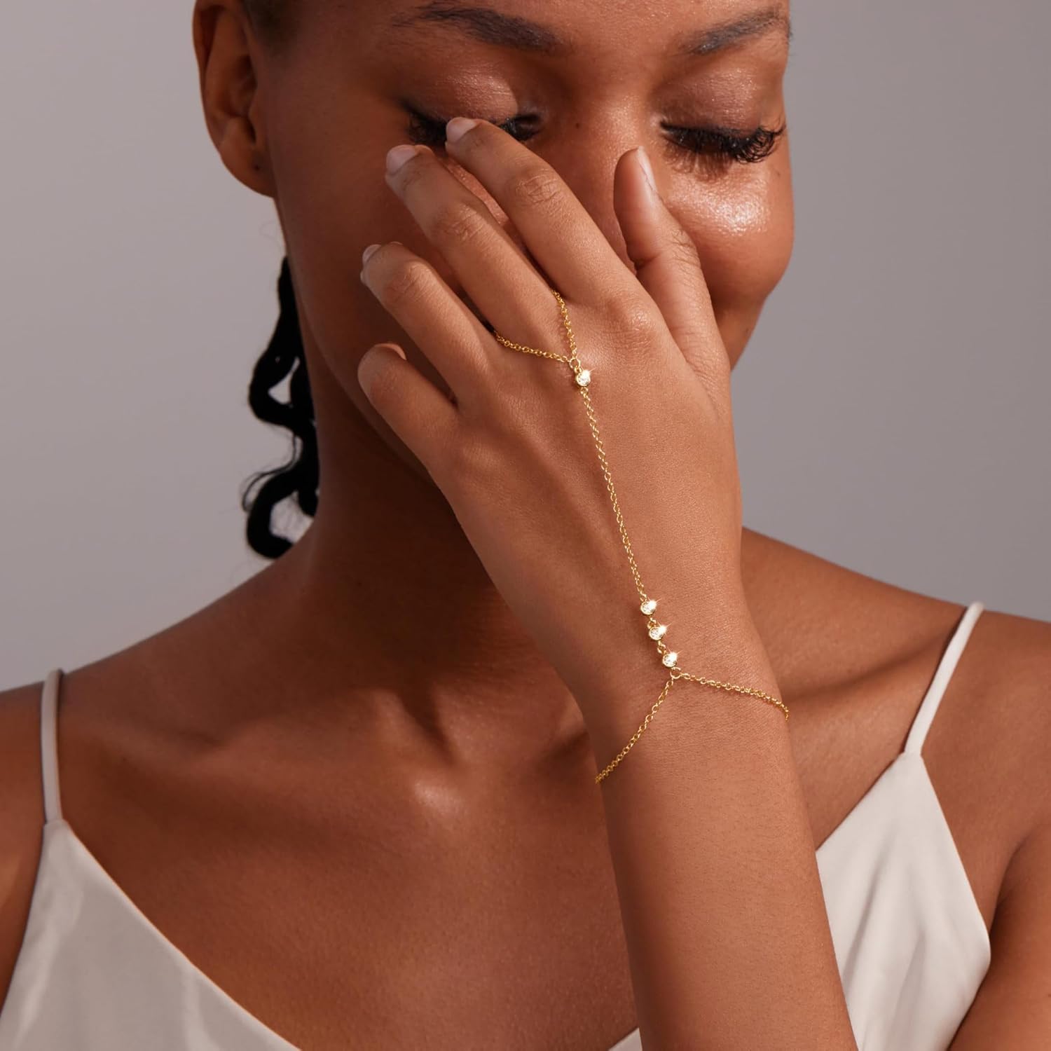 Hand Chain Bracelets for Women 14K Gold/Silver Plated Dainty Hand Chain Bracelets Cubic Zirconia Beaded Station Bracelet Charm Gold Cuff Bangle Stackable Bracelet Trendy Simple Fashion Body Jewelry - Image 5