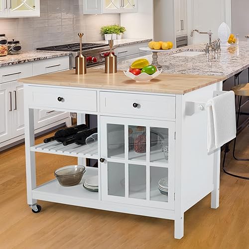 Miniatura 5 de AVAWING Carrito de isla de cocina rodante con almacenamiento, carrito de cocina de 42 pulgadas de ancho con 2 ruedas, carrito de café con cajones y