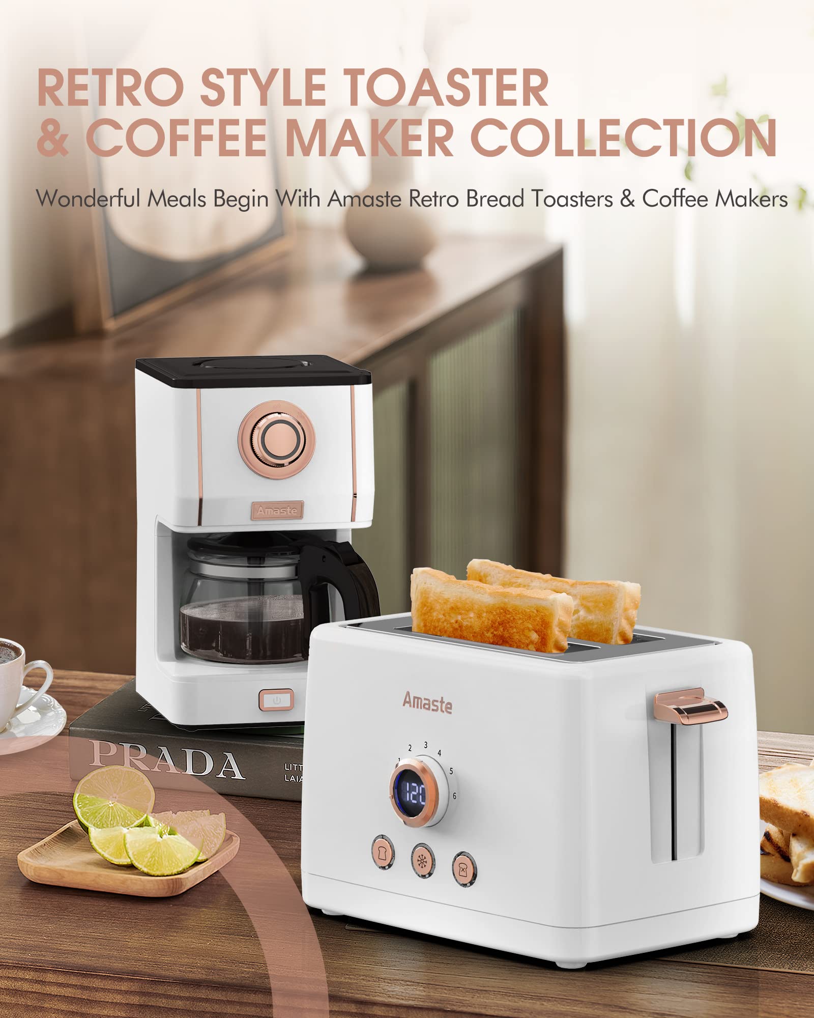 Amaste Coffee Maker, Retro Style Coffee Maker with 25 Oz Glass Coffee Pot, Coffee Machine with Reusable Coffee Filter & Three Brewing Modes, 30minute-warm-keeping, Elegant White with Rose Gold