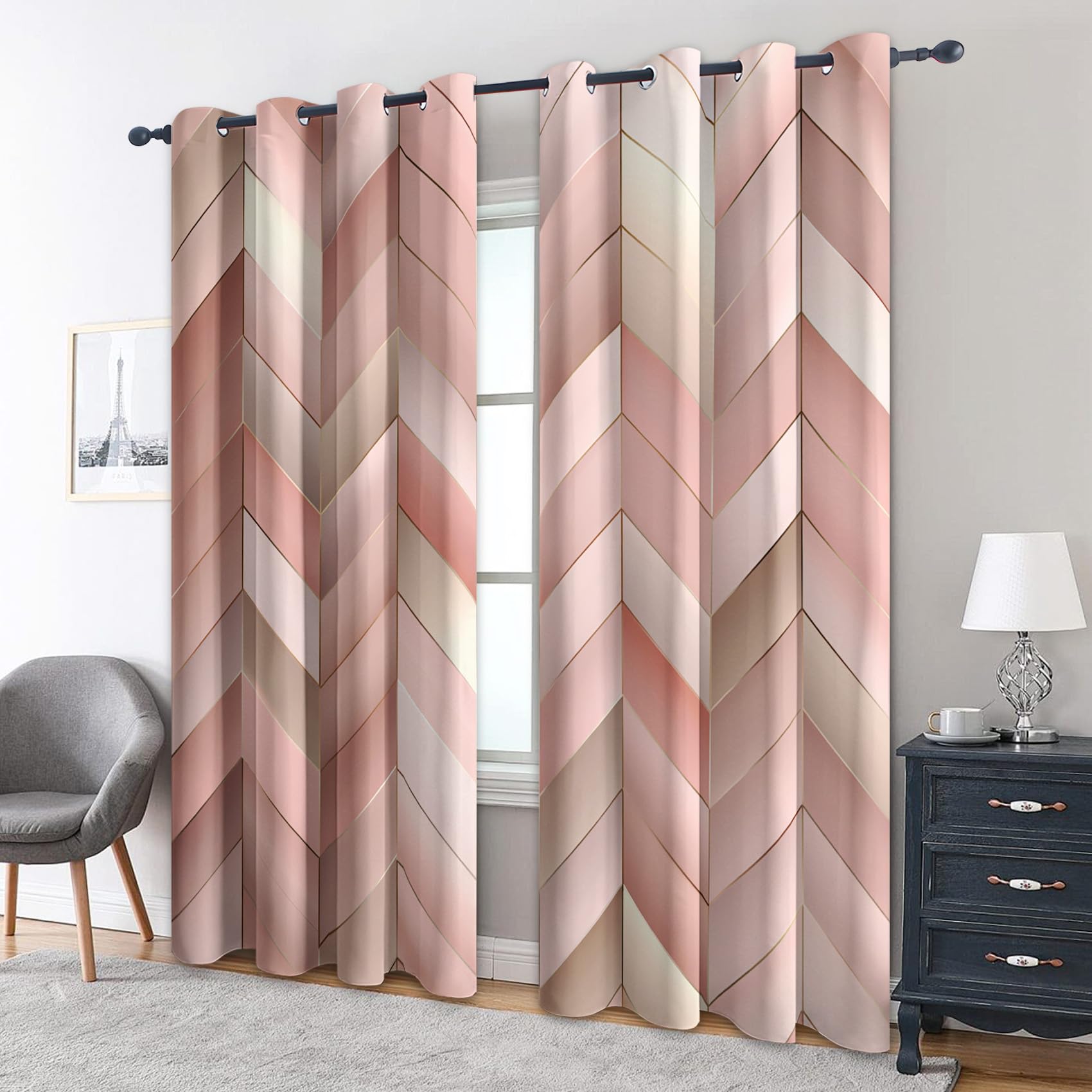 Nowoczesne geometryczne różowe zasłony zaciemniające w jodełkę 2 sztuki 140 x 180 cm stylowe zasłony okienne do sypialni i salonu z przelotkami u góry S&K114