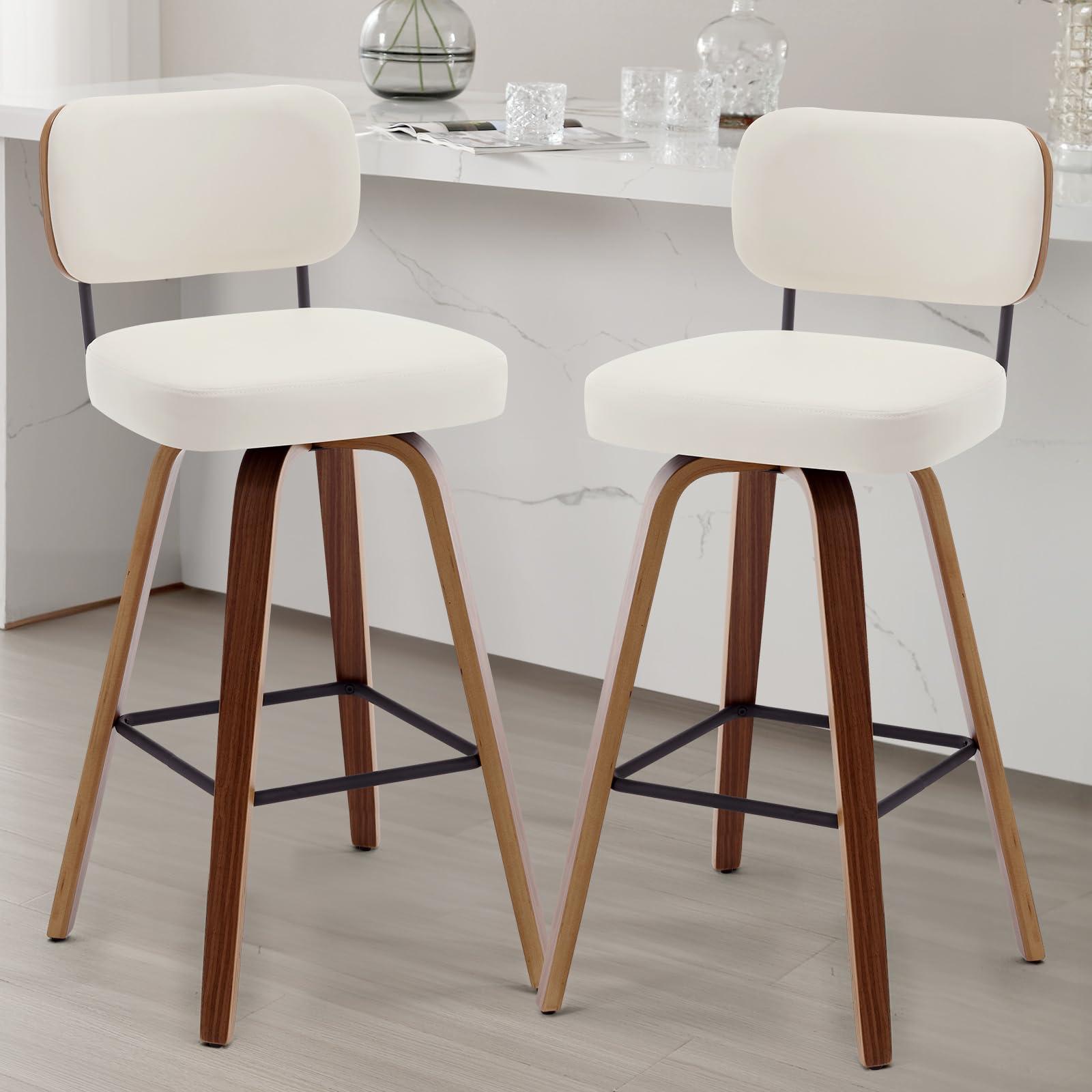 Bekrvio Swivel Bar Stools Set of 2, 29" Upholstered Faux Leather Barstools with Back and Bent Wood Legs, Mid Century Modern Bar Chair Island Stool for