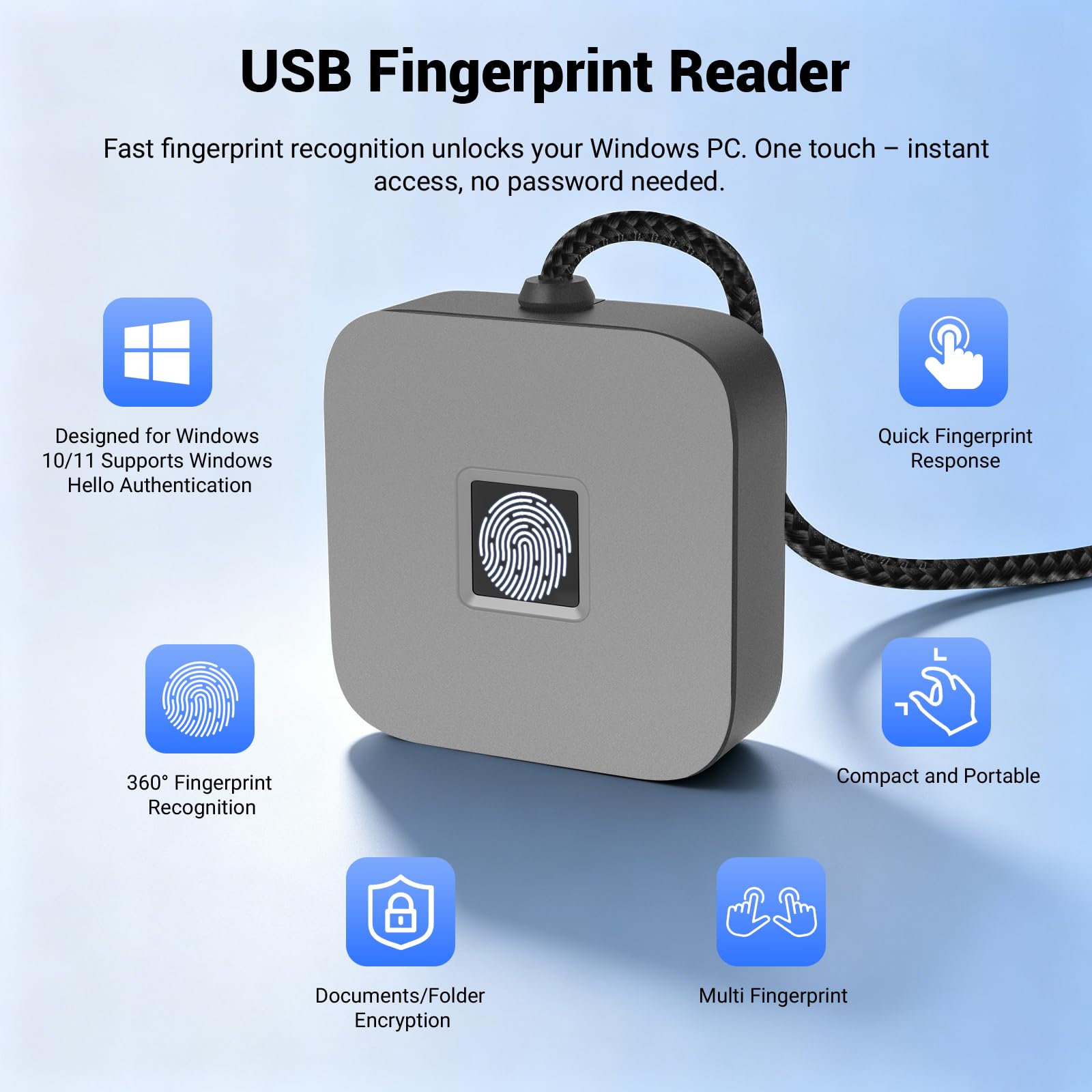Lecteur d‘Empreintes digitales USB pour Windows Hello, Compatible avec Windows 11/10, Capteur 360°, clé de sécurité biométrique Plug & Play pour PC/Ordinateur Portable
