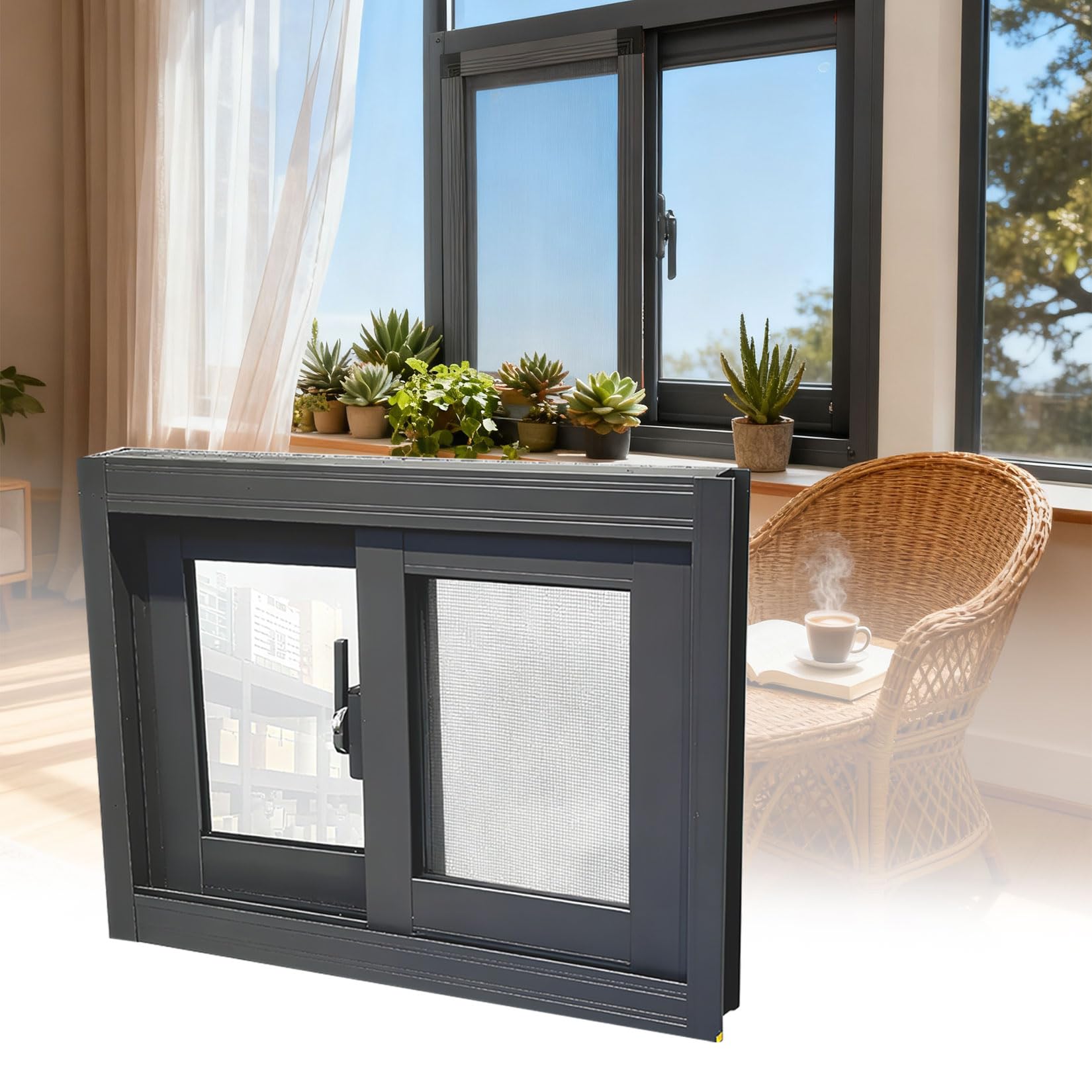 yurstcggh Horizontal Sliding Shed Window Replacement Basement Shed Windows with Glass & Screen, Slider Windows Casement for Chicken Coop 60×45cm Dark Gray
