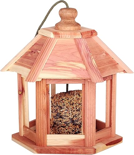 Comedero para pájaros silvestres, comedero panorámico de madera con forma hexagonal con techo colgante para jardín y decoración exterior para los