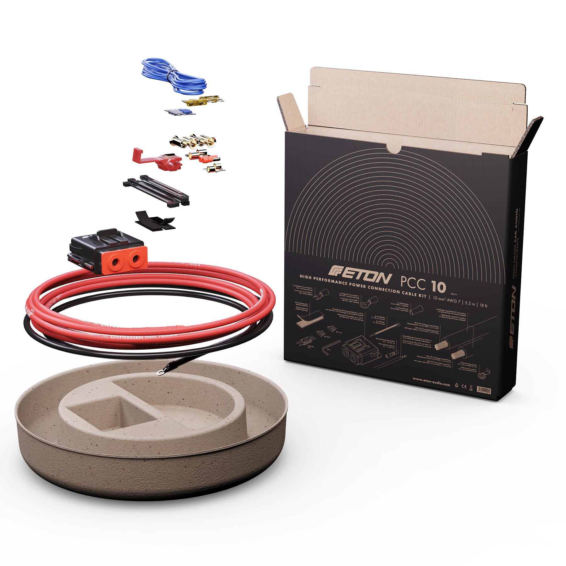 ETON PCC 10 - Set di cavi di collegamento di alimentazione di alta qualità, 10 mm², set per l'installazione di amplificatori auto e subwoofer attivi, kit cavi powerk con fusibili per amplificatori