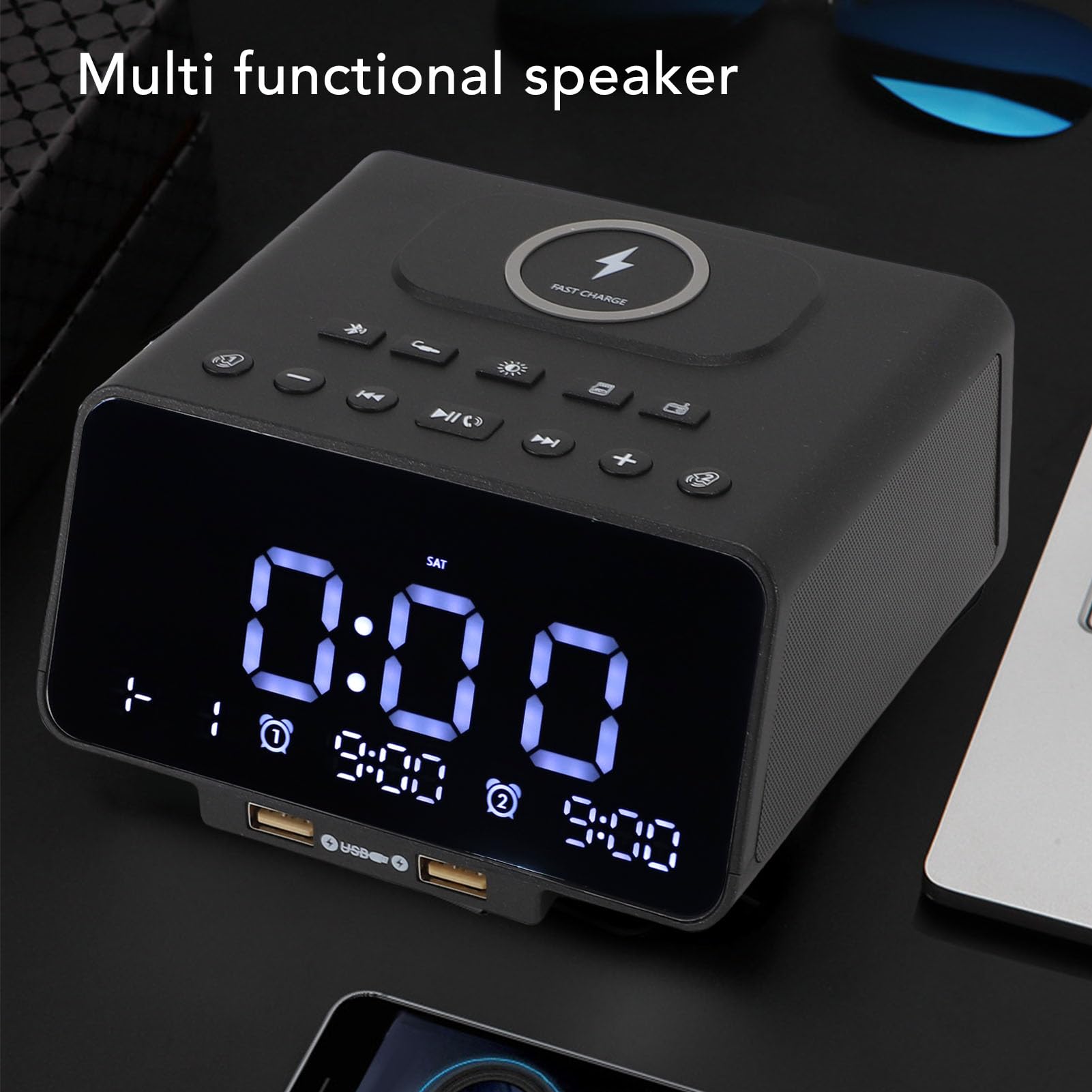 Annadue Radio Bluetooth Despertador Altavoz con Doble Carga USB Base de Carga Inalámbrica Radio FM CD Calidad de Sonido Bajos Estéreo para Oficina en Casa (Enchufe de la UE)