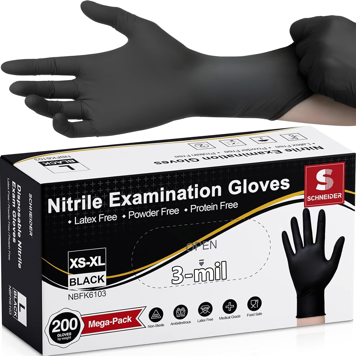 Schneider Medical Black Nitrile Exam Glove, Latex Free Powder Free Disposable Gloves for Cooking, Cleaning, and Food Prep
