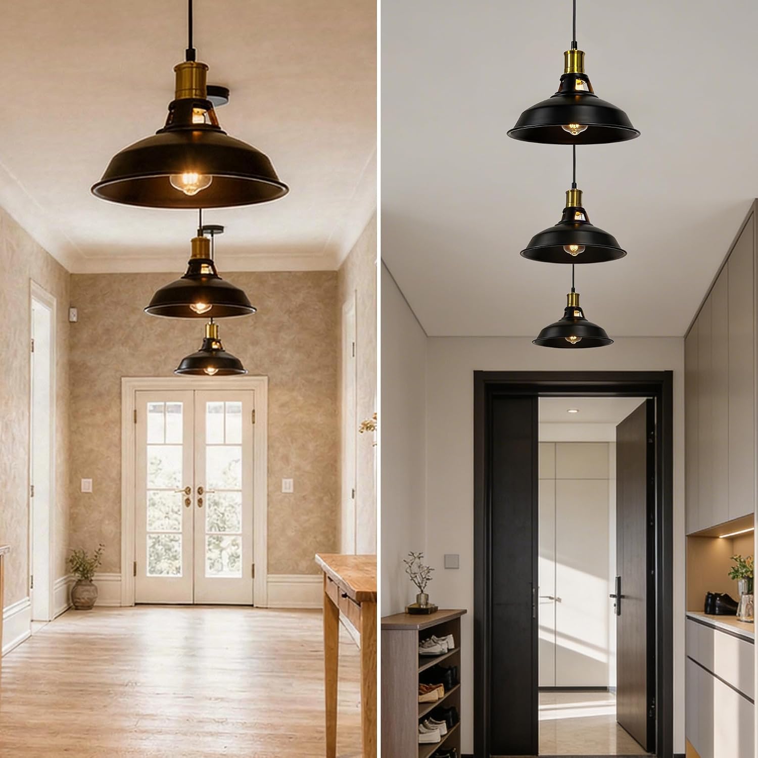 1Pack Pendant Light Fixtures, Industrial Hanging Pendant Light with Metal Shade, Farmhouse Lighting for Kitchen Island, Hallway & Dining Room, Black & Gold