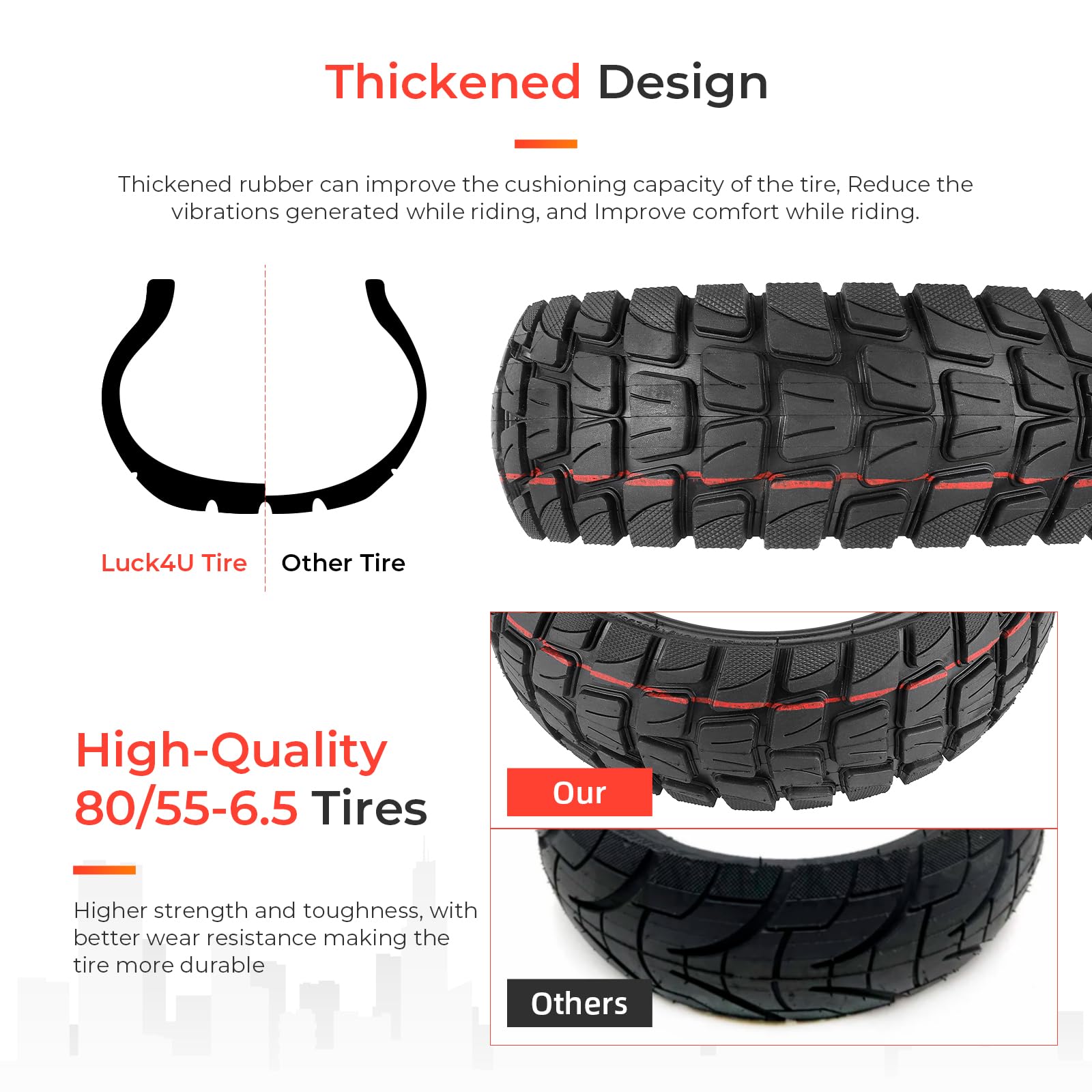 LUCK4U 80/55-6.5 Scooter Tubeless tire with Inner Tubes 10 inch off Road tires Scooter Accessories