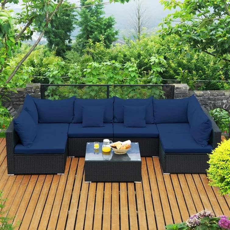 Image of 6 Seater Outdoor Patio Sectional Sofa L Shape sofaWicker Furniture Conversation Sets with Washable Cushions, and Glass Coffee Table for Garden, Poolside, and Backyard. (Black and Nevy Blue)