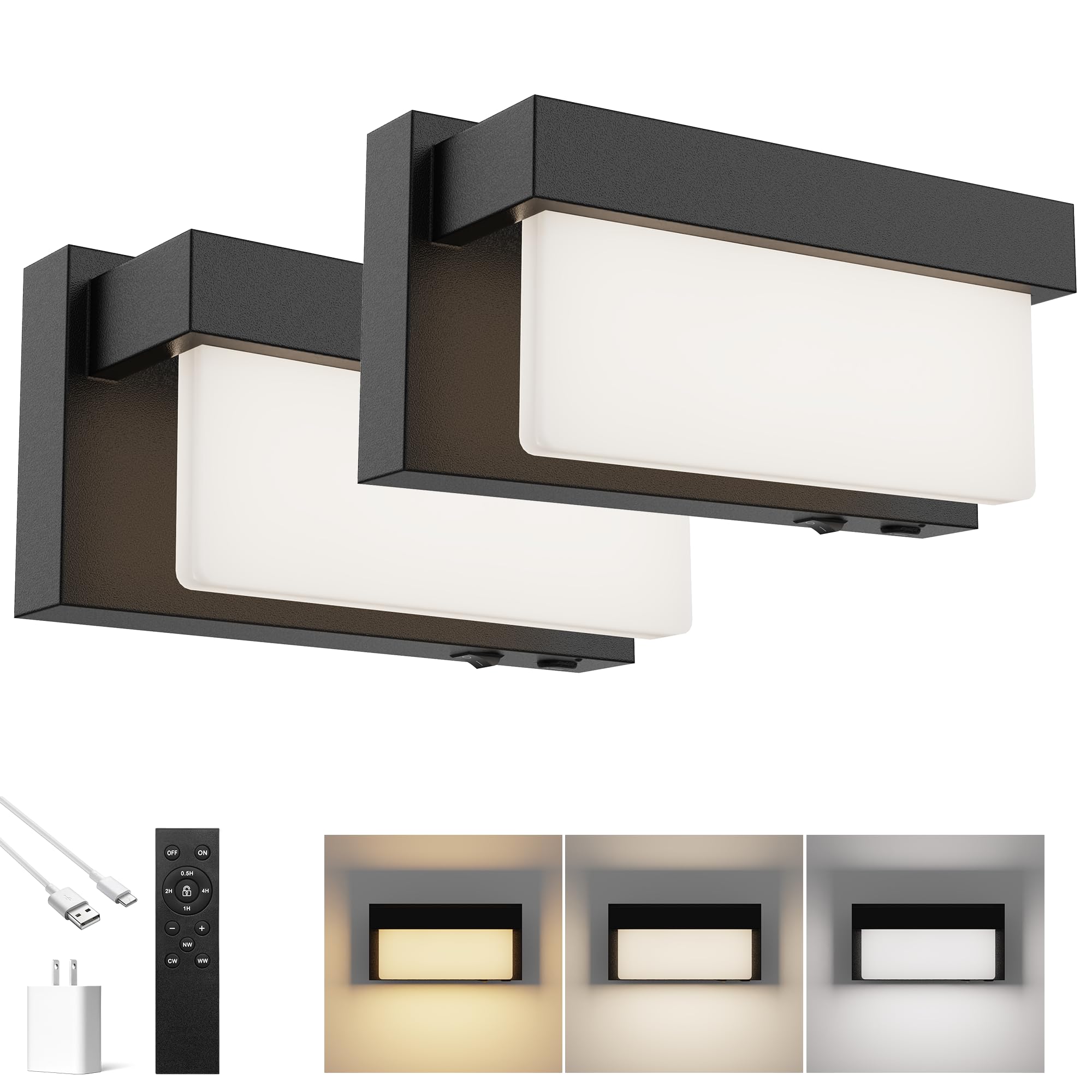 Battery Switched LED Wall Sconce Set of 2, Indoor 8 inch 3.5 Watt 3CCT Black Wall Sconce Light with On/Off Switch, Frosted Arcylic Shade Sconces for Bedroom Living Room Bathroom Hallway