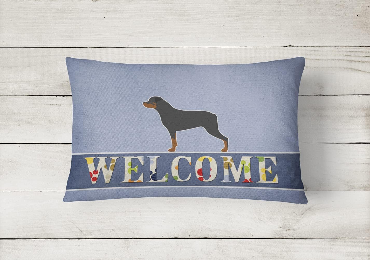 Caroline's Treasures BB5570PW1216 Rottweiler Welcome Canvas Fabric Decorative Pillow Machine Washable, Indoor Outdoor Decorative Pillow for Couch, Bed or Patio, 12HX16W