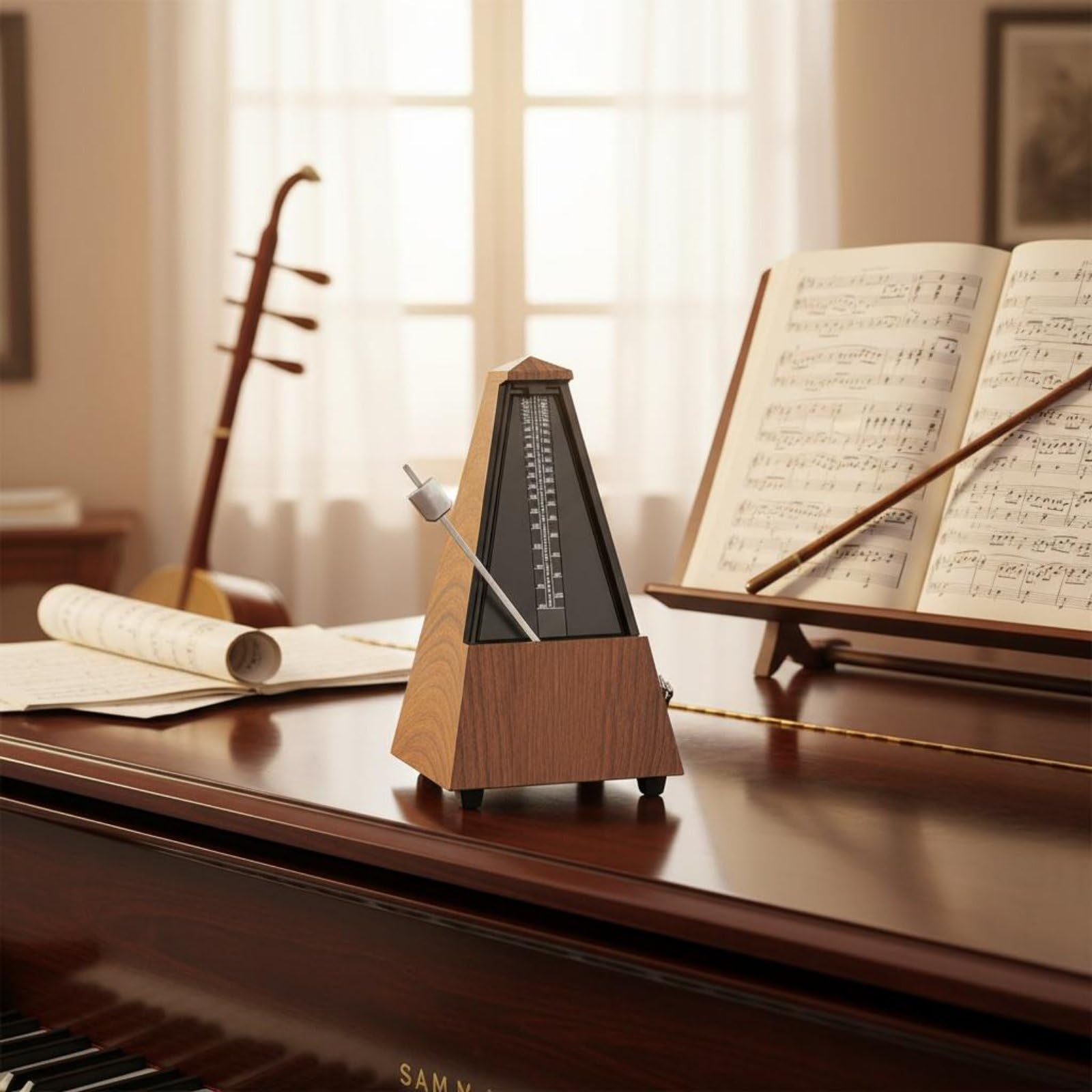 Métronome Mécanique Outil Musical Précis Générateur de Battement Boîtier Traditionnel en Teck Échelle de Tempo Large Convient pour Cours Pratique Individuelle, Bois Naturel