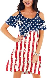 Womens 4th of July Dresses Cold Shoulder American Flag Tie Dye A-Line Dress with Pockets - Buy now