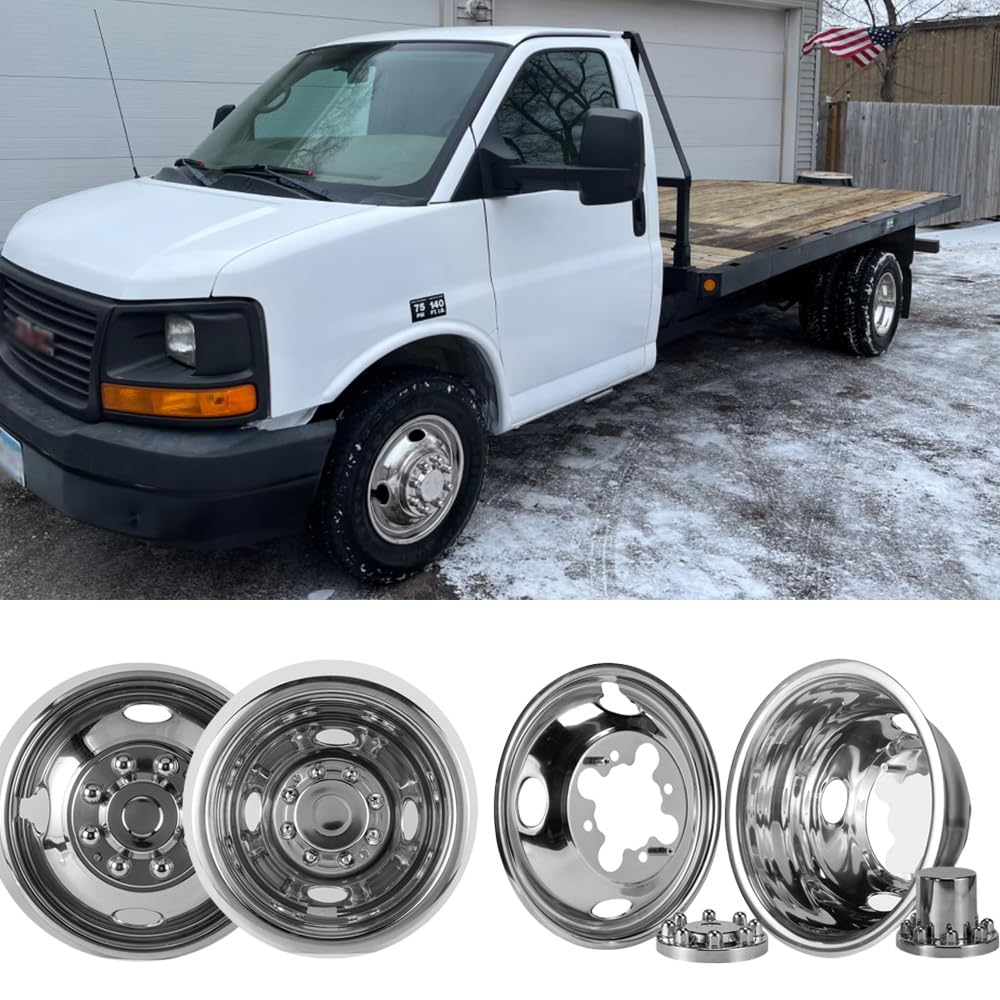 PUERMTO 4X 16 Screw On Wheel Simulators Compatible with 2001-2007 Chevy GMC 3500 Truck 2003-2021 G3500/G30 Van, 8 Lug Front Rear Dually Hub Caps Skins Liners Rim Covers Stainless Steel Polished 608GV