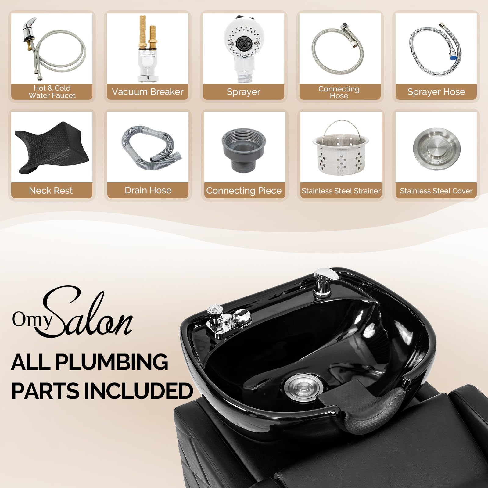 OmySalon Shampoo Bowl and Chair Set for Salon, Hair Washing Station with Ceramic Sink, UPC Certificated Vacuum Breaker, Neck Rest, Backwash Shampoo Unit for Barbershop Beauty Spa