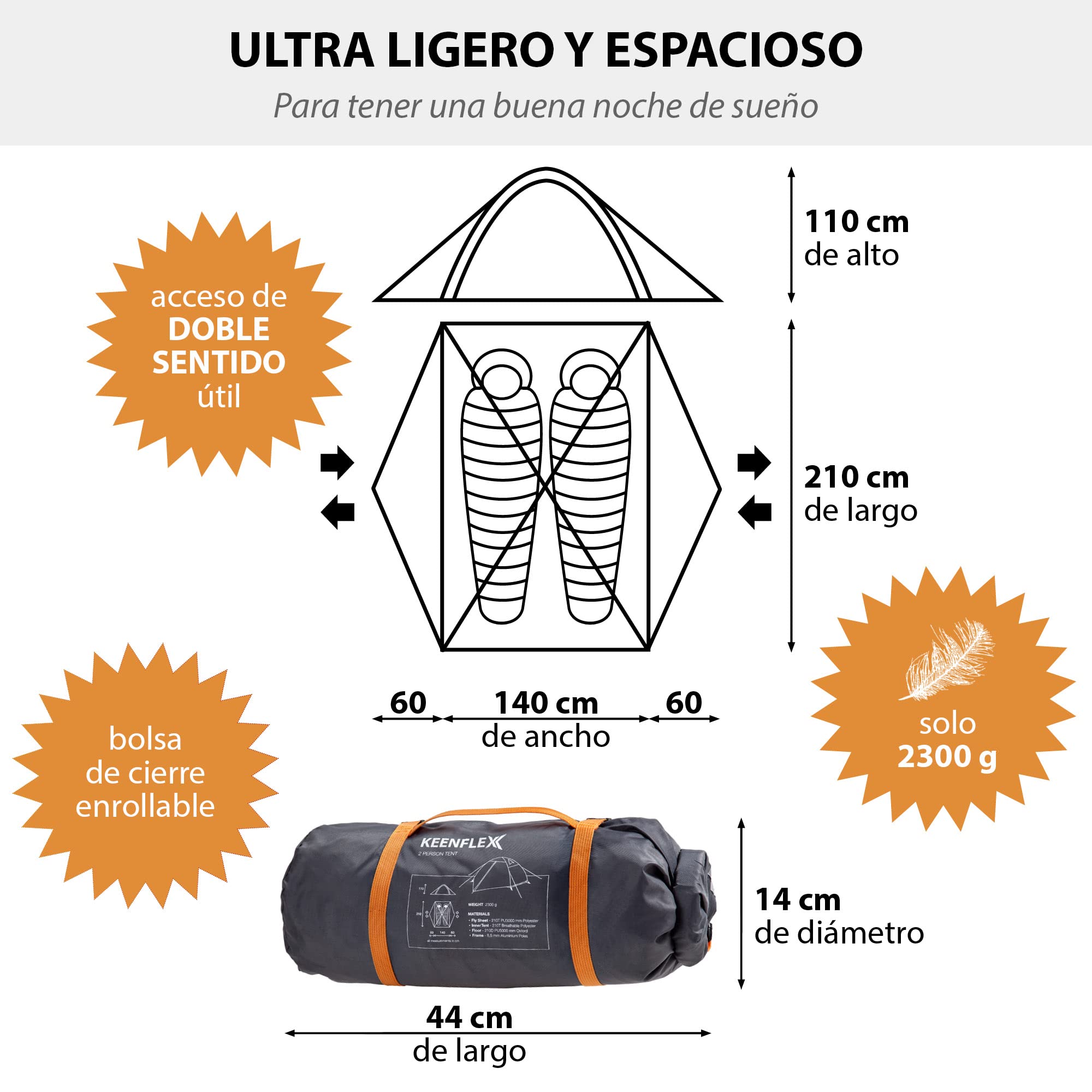 Tienda de campaña Ultraligera para 2 Personas 2300 g