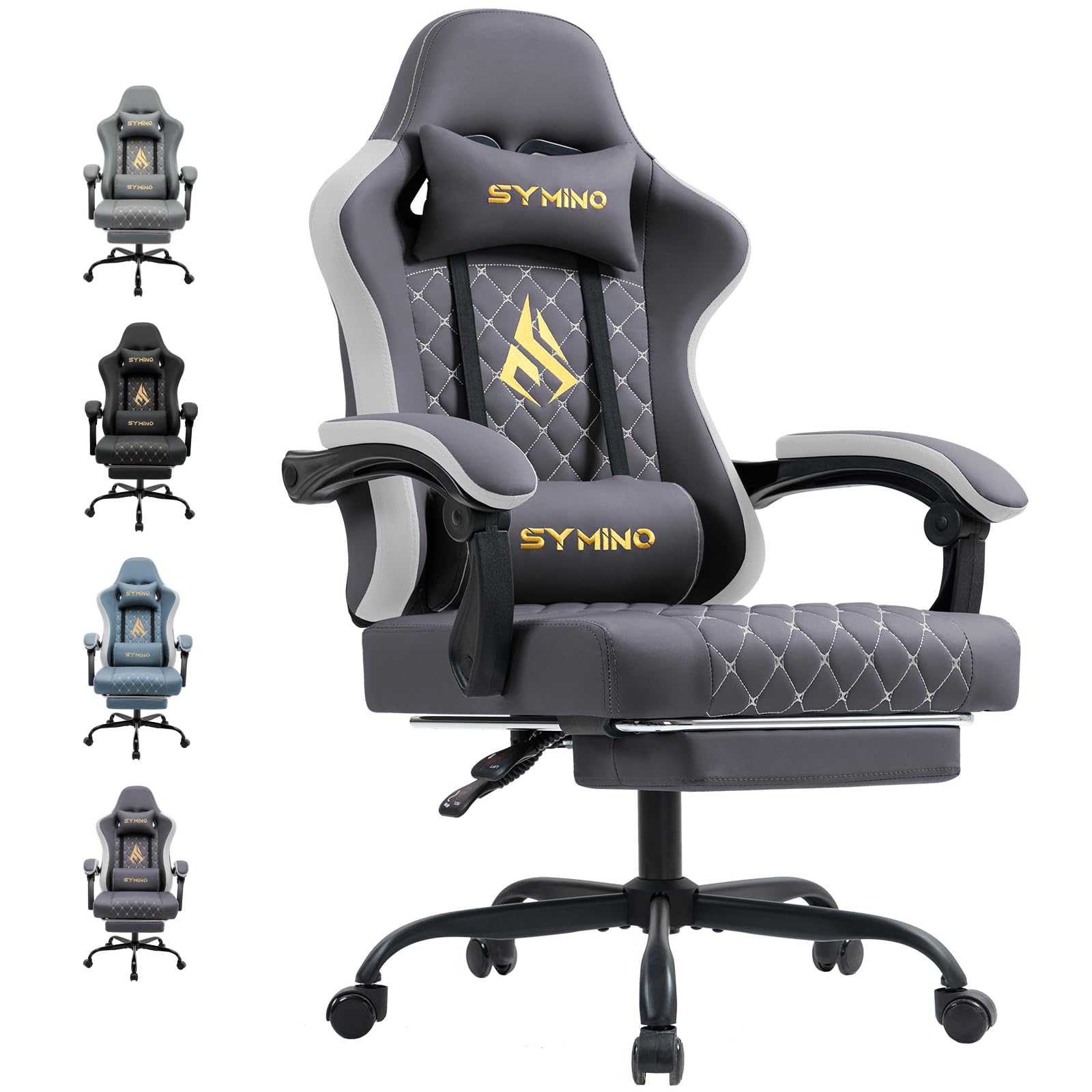 Symino Gaming Chair with Footrest, Computer Ergonomic Video Game Chairs, Adjustable Swivel Task Chair with Lumbar Support, PC Chair, PU Leather Office Chair, Grey&White — image 1