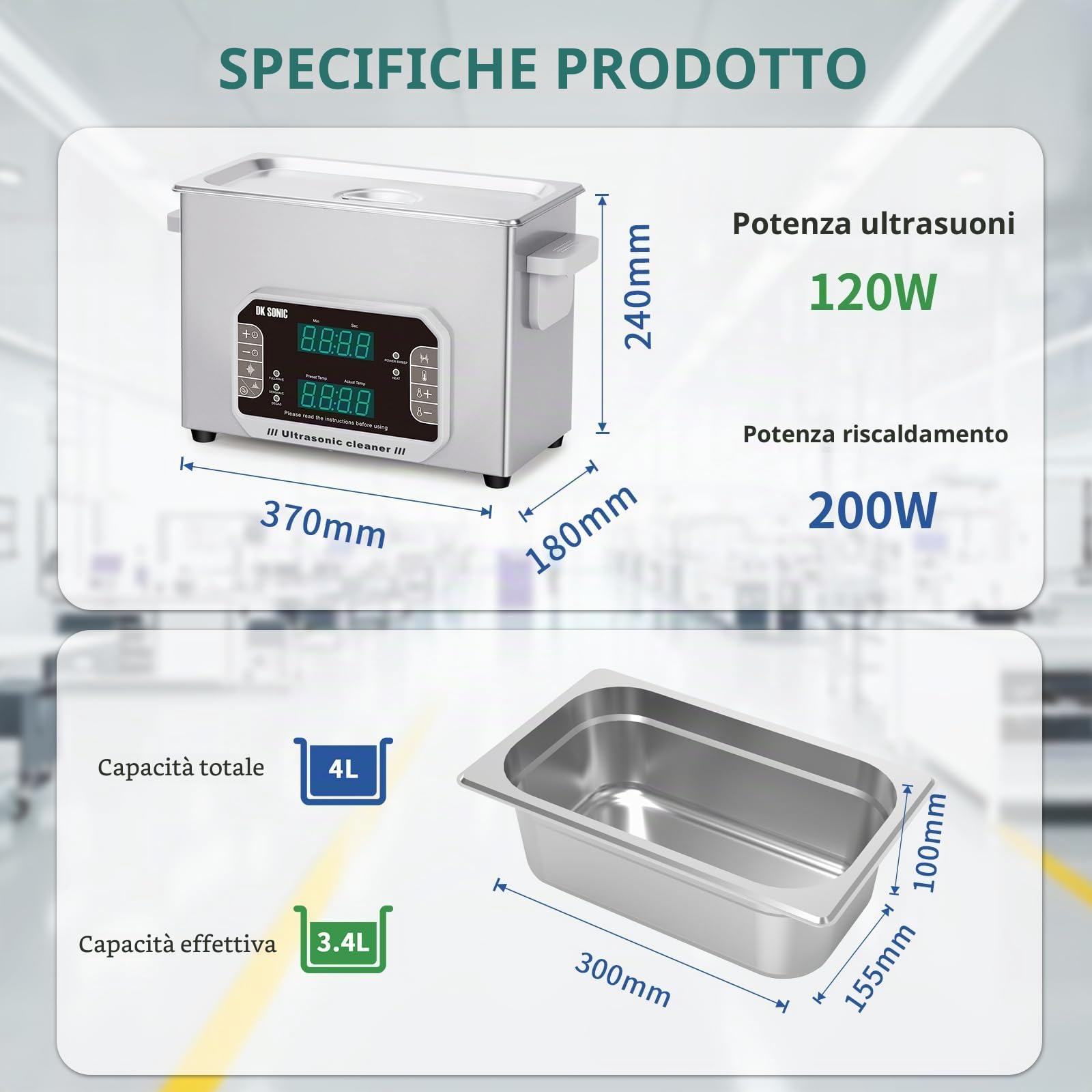 DK SONIC 4L Touch Control Pulitore ad Ultrasuoni, 120W Precisione Pulitore ad Ultrasuoni Gioielli con Timer & Riscaldamento & Cestino, Multi-Applicazione per Occhiali, Catene, Orologi
