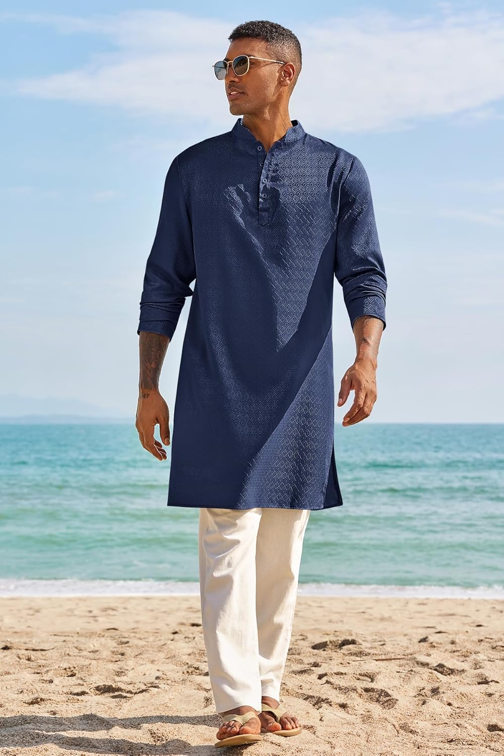 Runcati Mens Kaftan Thobe Textured Henley Shirt Long Sleeve Robe Casual Muslim Gown Shirt - Image 4