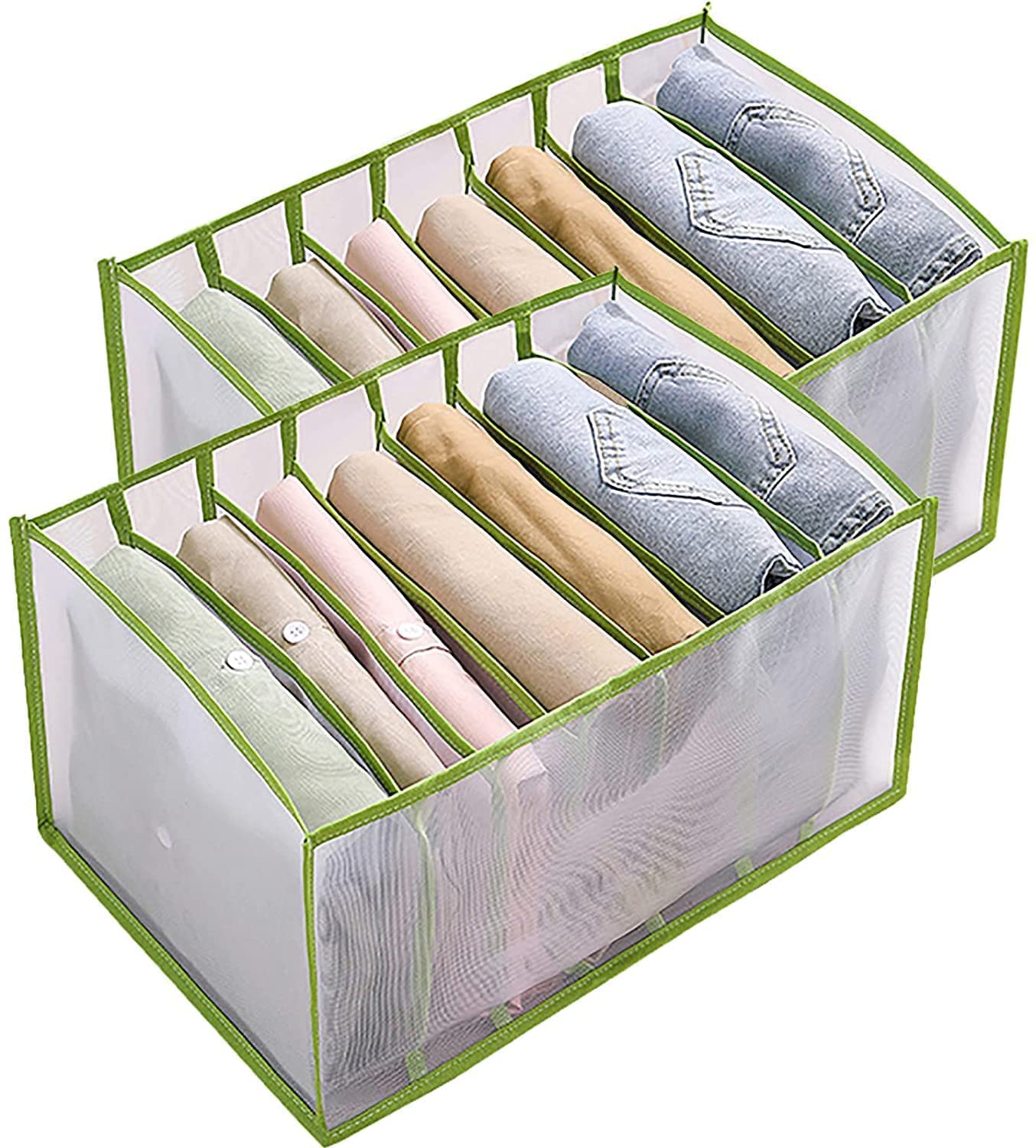 Wardrobe Clothes Organizer, 7 Grids Closet Organizers and Storage Baskets, Portable Foldable, Easy To Clean, Save Space Storage Containers for Clothes - Jeans, T Shirt (2pcs Green,36*25*20CM)