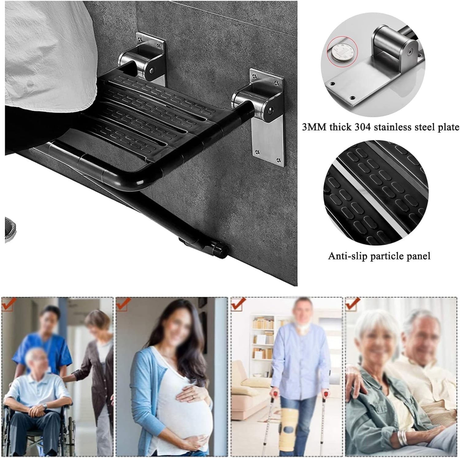 Taburete de Ducha Asiento de Ducha Plegable Montado en la Pared con Patas abatibles Taburete de Ducha Plegable Silla de Ducha Impermeable Silla de baño atornillable Taburete de Ayuda para PE