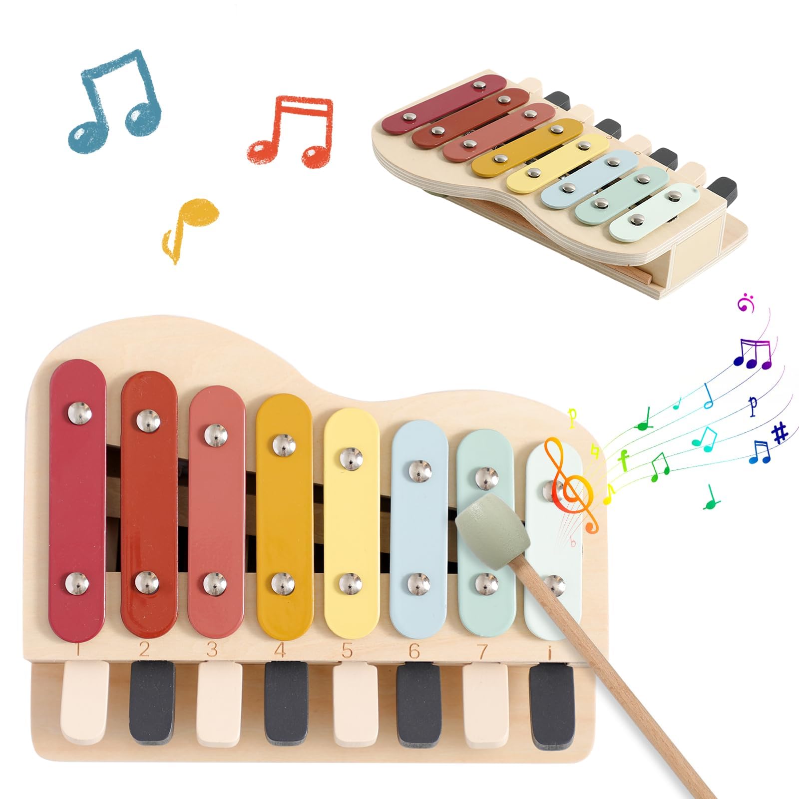 let's make Kinder Xylophon und Klavier in Einem, Glockenspiel Holzspielzeug, Baby Musikinstrumente ab 1 Jahr, Pädagogische Spielzeug mit 8 Tönen, Musikinstrumente für Kinder ab 1 Jahr
