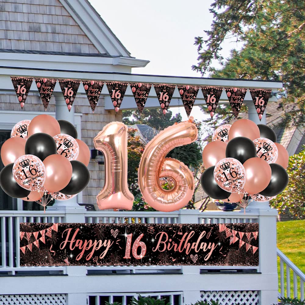 16 Geburtstag Deko Set Roségold - Banner, Ballons, Girlande Für Mädchen