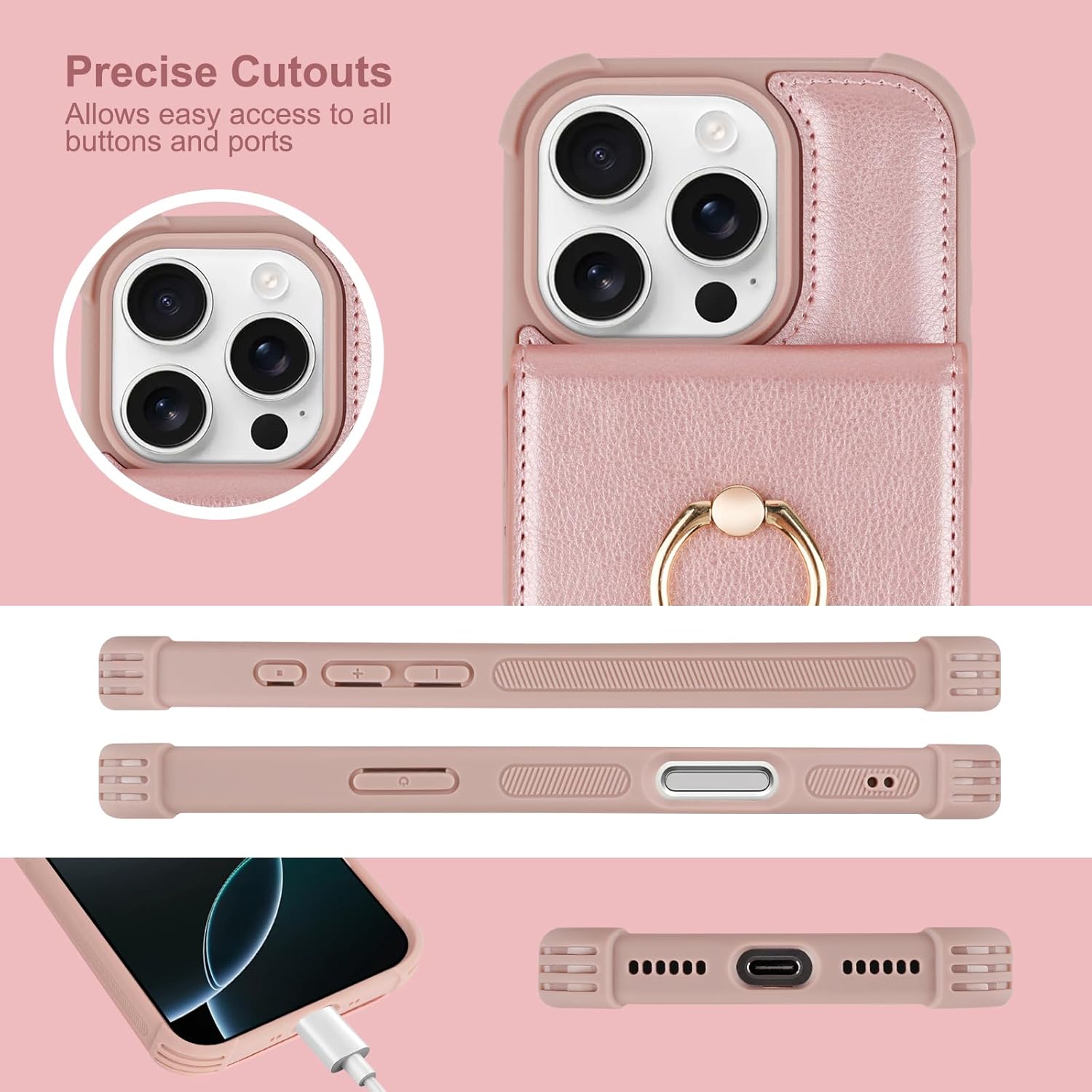 VANAVAGY Compatible for iPhone 16 Pro Wallet Case with Card Holder Coin Pocket [360° Rotation Ring Kickstand], PU Leather Magnetic Clasp Flip Phone Case for Women Men 6.3 Inch,Rosegold