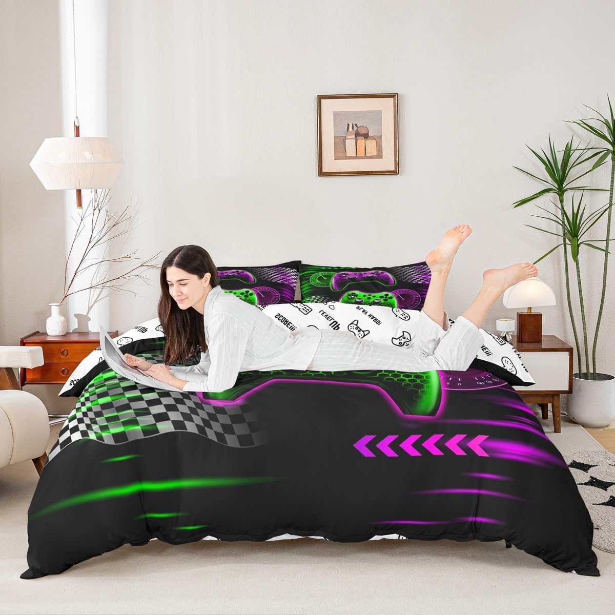Video Games Kids Duvet Cover Set Twin Size,Gaming Gamepad Geometric Honeycomb Bedding Set,Boys Girls Men Room Decor,Race Flags Hexagon Lines Comforter Cover,Colorful Chic Quilt Cover,1 Pillowcase image 2