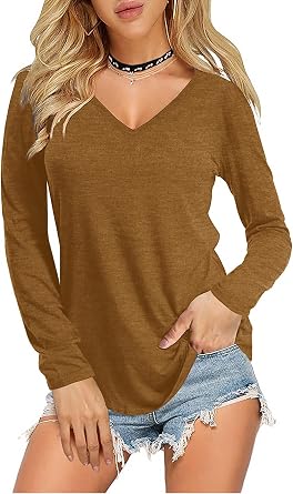 Amoretu Womens V Neck Long Sleeve Shirts Casual Soft Tee Basic T-Shirt Brown 2XL