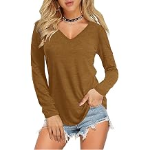Amoretu Womens V Neck Long Sleeve Shirts Casual Soft Tee Basic T-Shirt Brown 2XL