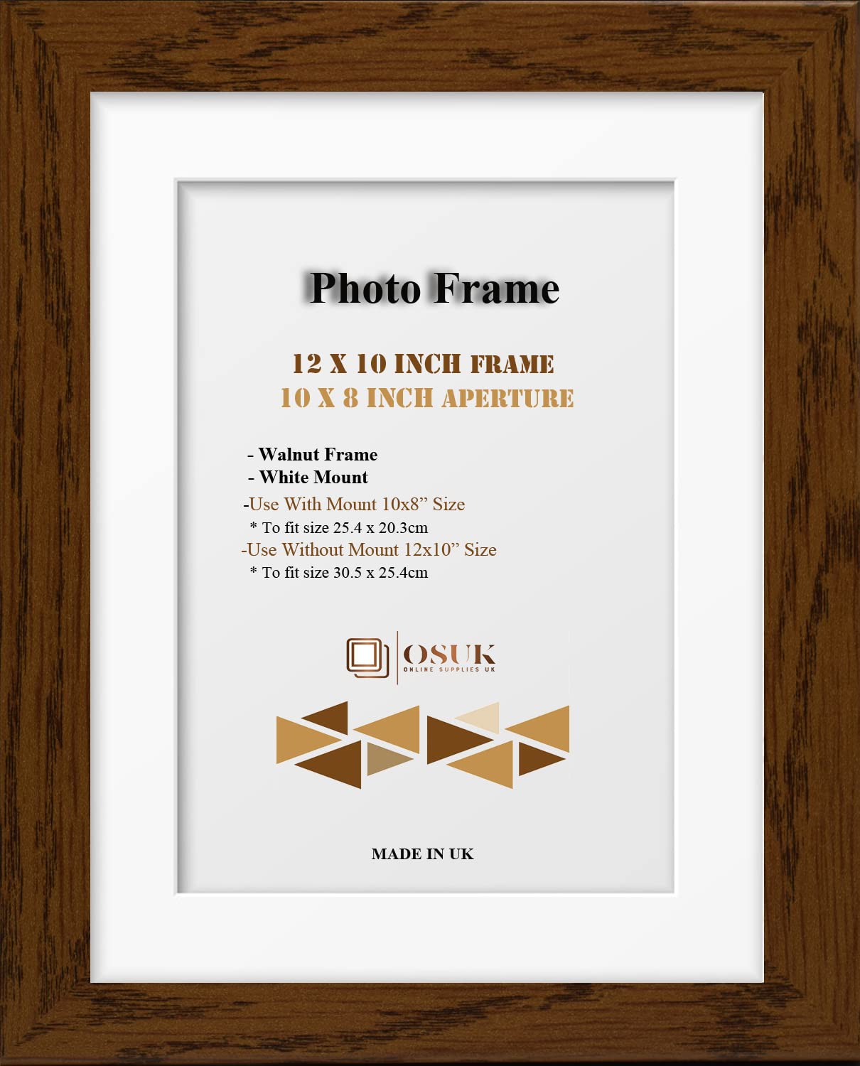 OSUK Walnut 12x10 Inch Frame With 10x8 Inch Mount - Modern Photo Frames With White Mount Clear Perspex Front & Wall Mounting Poster Frames - 12" x 10" Frame With 10" x 8" Mount