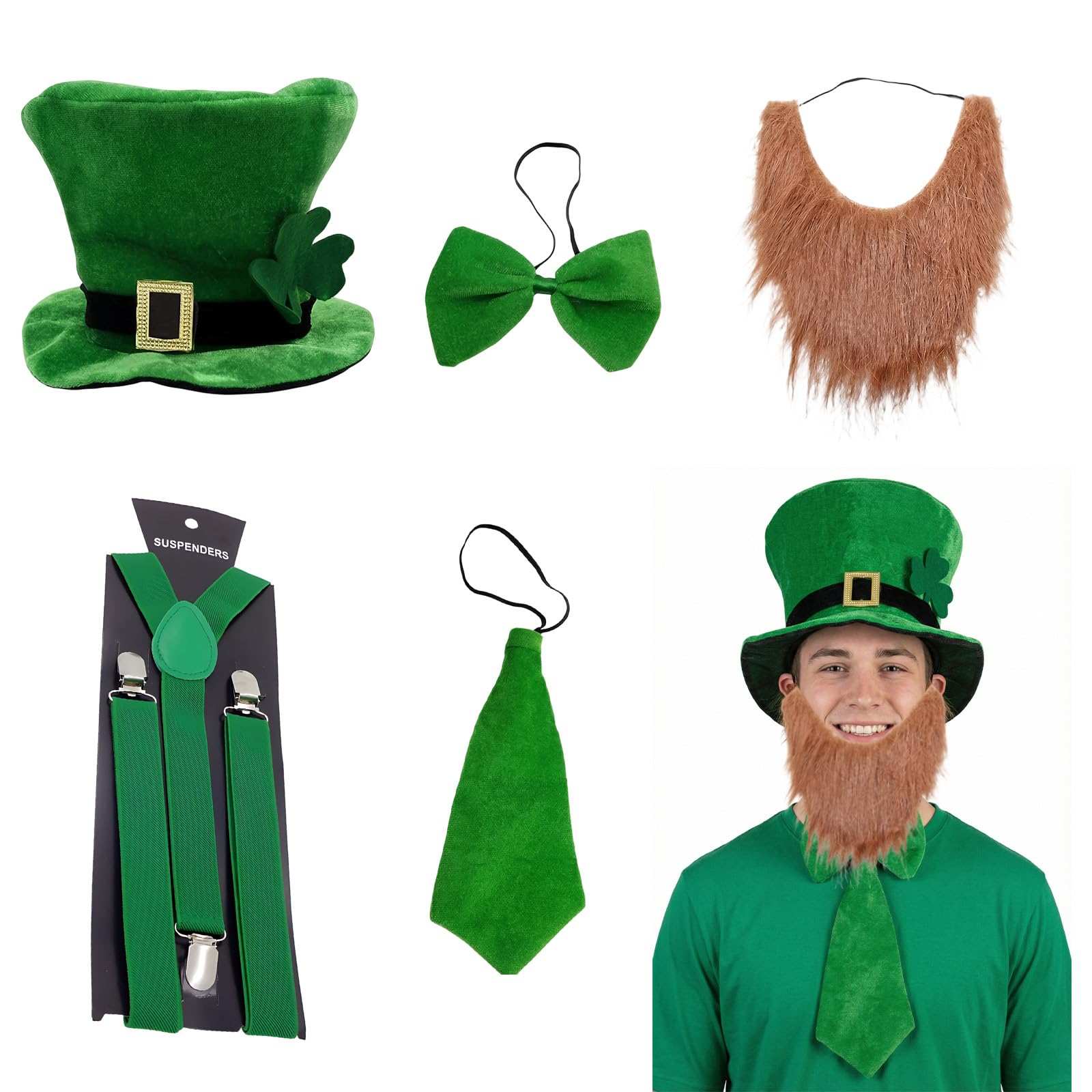 Atomvia 5Pcs Green Leprechaun Costume Set for Men, St Patricks Day Outfits with Velvet Top Hat, Beard, Bow Tie, Buckle Belt