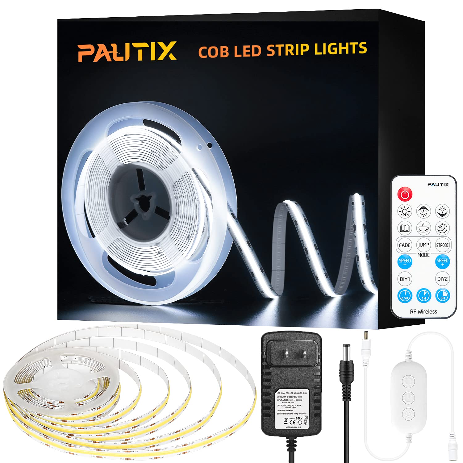 PAUTIX COB LED Strip Light 2520LEDs,Super Bright 5200Lumen 6500K White 16.4ft/5m,Dimmable 24V LED Tape Light with 3M Tape,RF Remote with Timer Function,36W Power Supply,for Bedroom,Home,Kitchen DIY