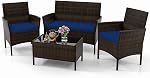 KOTEK 4 Piece Patio Furniture Set, Outdoor Rattan Conversation Set with Loveseat, Wicker Chairs, Tempered Glass Coffee Table, Wicker Patio Set for Backyard, Porch (Red)