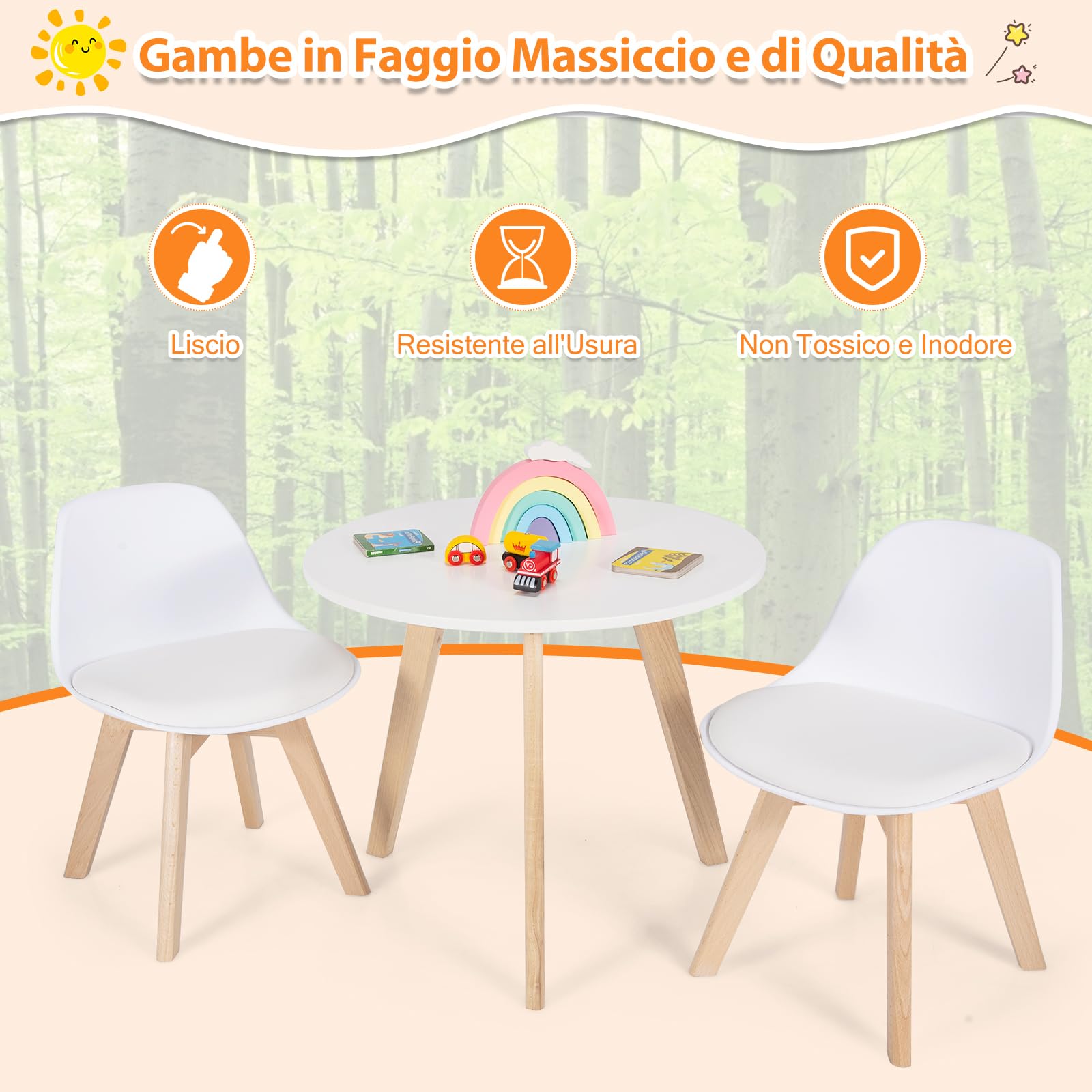 GYMAX Set Tavolo E 2 Sedie Per Bambini Con Gambe In Legno - Design Con Orecchie Da Coniglio, Salvaspazio, Per Cameretta