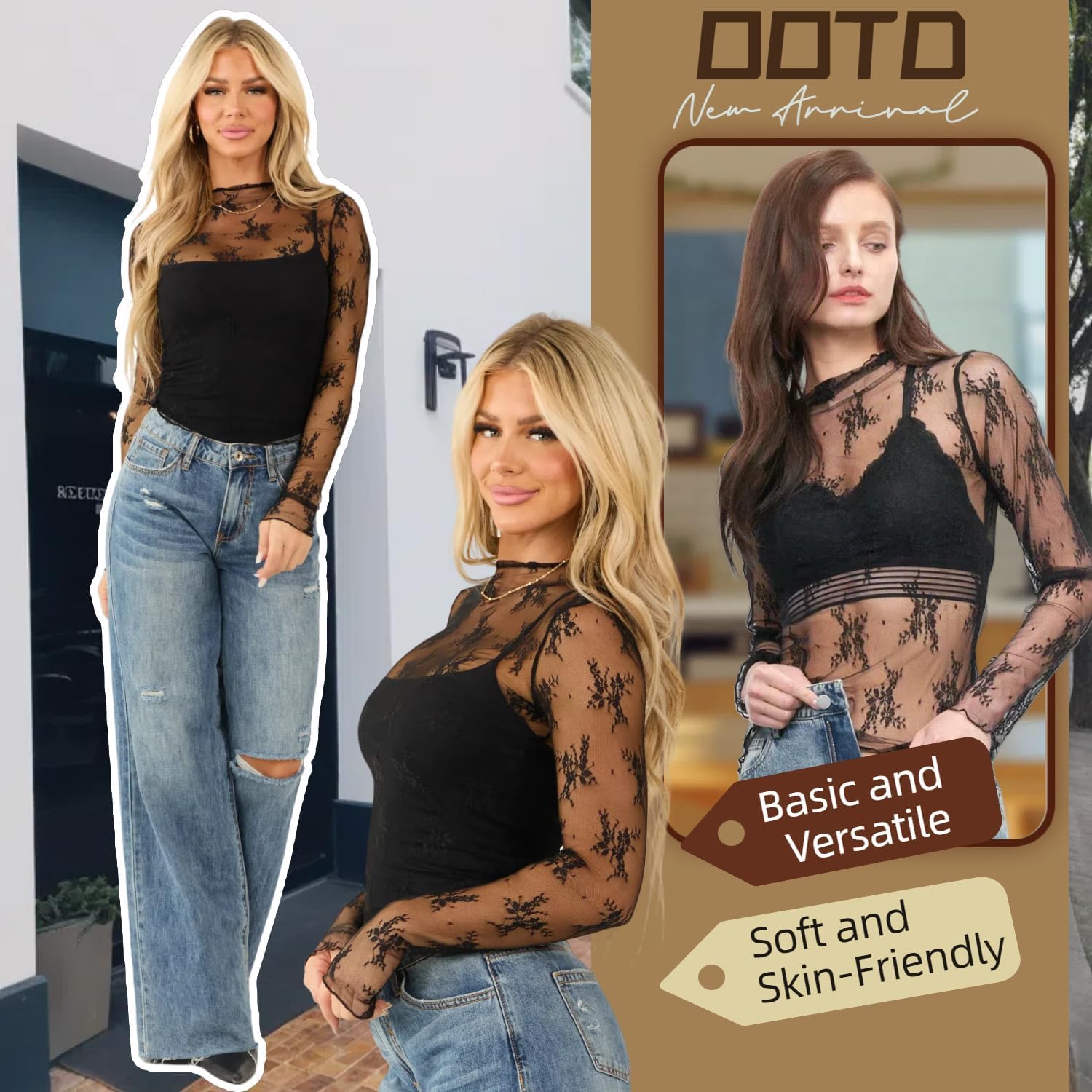 Floral Mesh Long Sleeve Tops for Women Sheer Lace Tops Mock Neck Sexy Going Out Tops for Casual Spring Outfits - Image 2