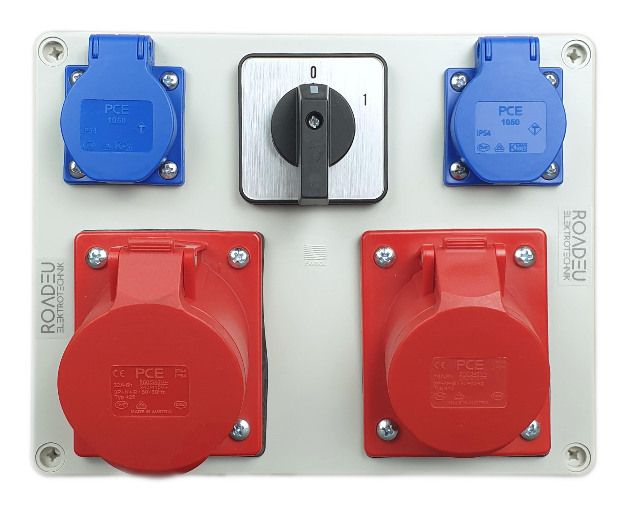 RoadEu CEE Steckdosenverteiler IP44 | 1x CEE 32A 5P + 1x CEE 16A 5P + Schuko 230V mit Hauptschalter 0-1 | Starkstrom Verteiler Aufputz, vorverdrahtet, Europäische Komponenten Dlaczego tak: