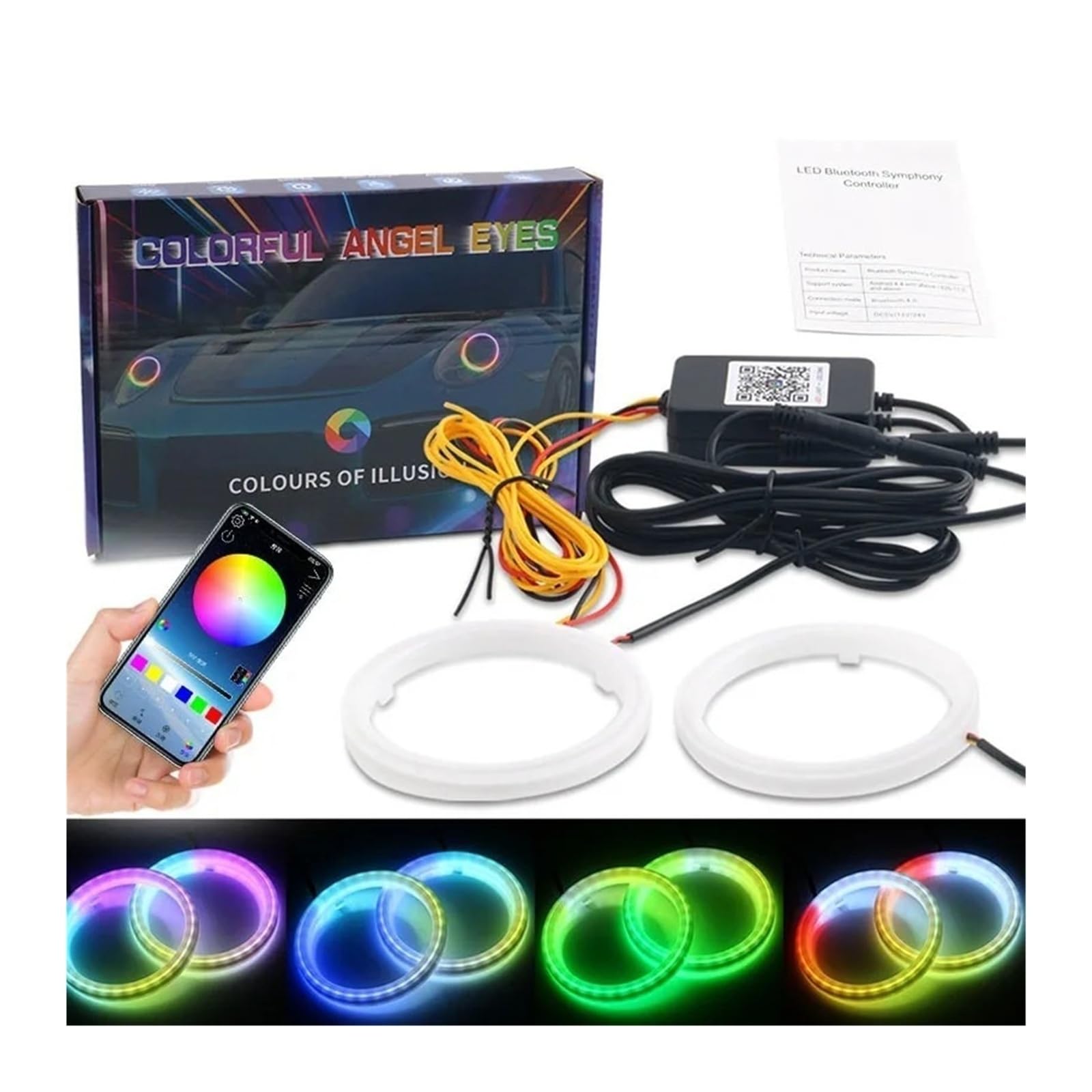 2 szt. RGB Bluetooth Angel Eye Halo Ring DRL Turn Signal Cotton 12 V (1 w 2, RGB APP_100 mm)