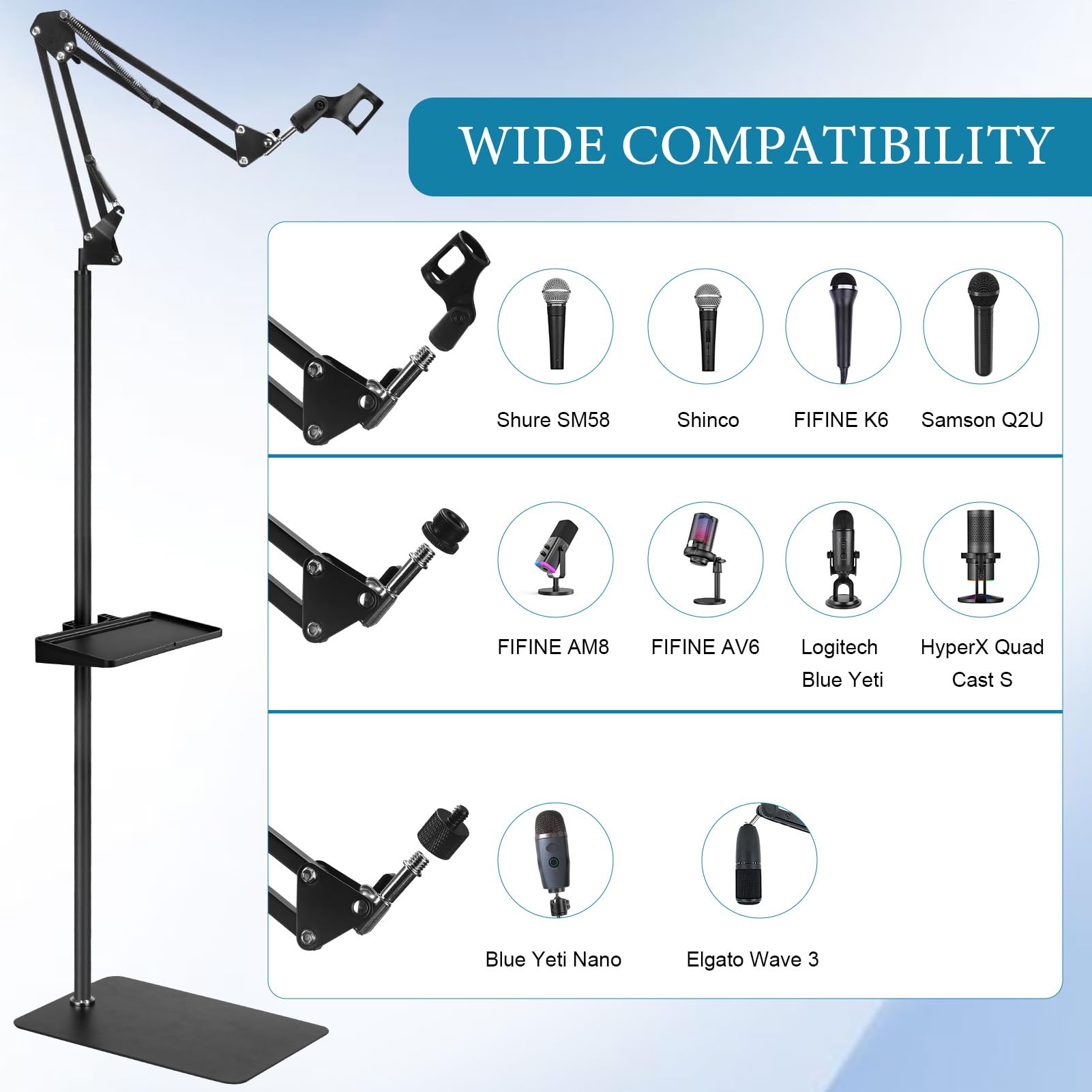 Mikrofon-Bodenständer für Blue Yeti, Nano, Snowball, HyperX QuadCast, SM7B MV7, Fifine K688 und mehr, Galgen-Mikrofonständer-Clip-Halter mit 3/8 Zoll bis 5/8 Zoll 1/4 Zoll Schraube