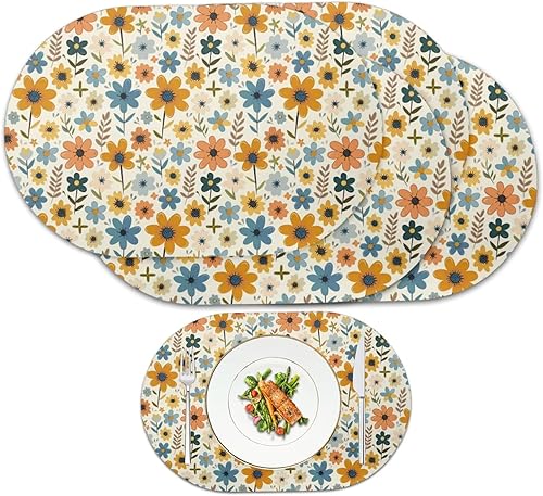 Miniatura 102 de Heat Resistant Placemats Oval Placemats Set of 6 Leather Washable and Wipeable Non Slip Place Mats, Waterproof Modern Dining Table Mats, Oval Floral