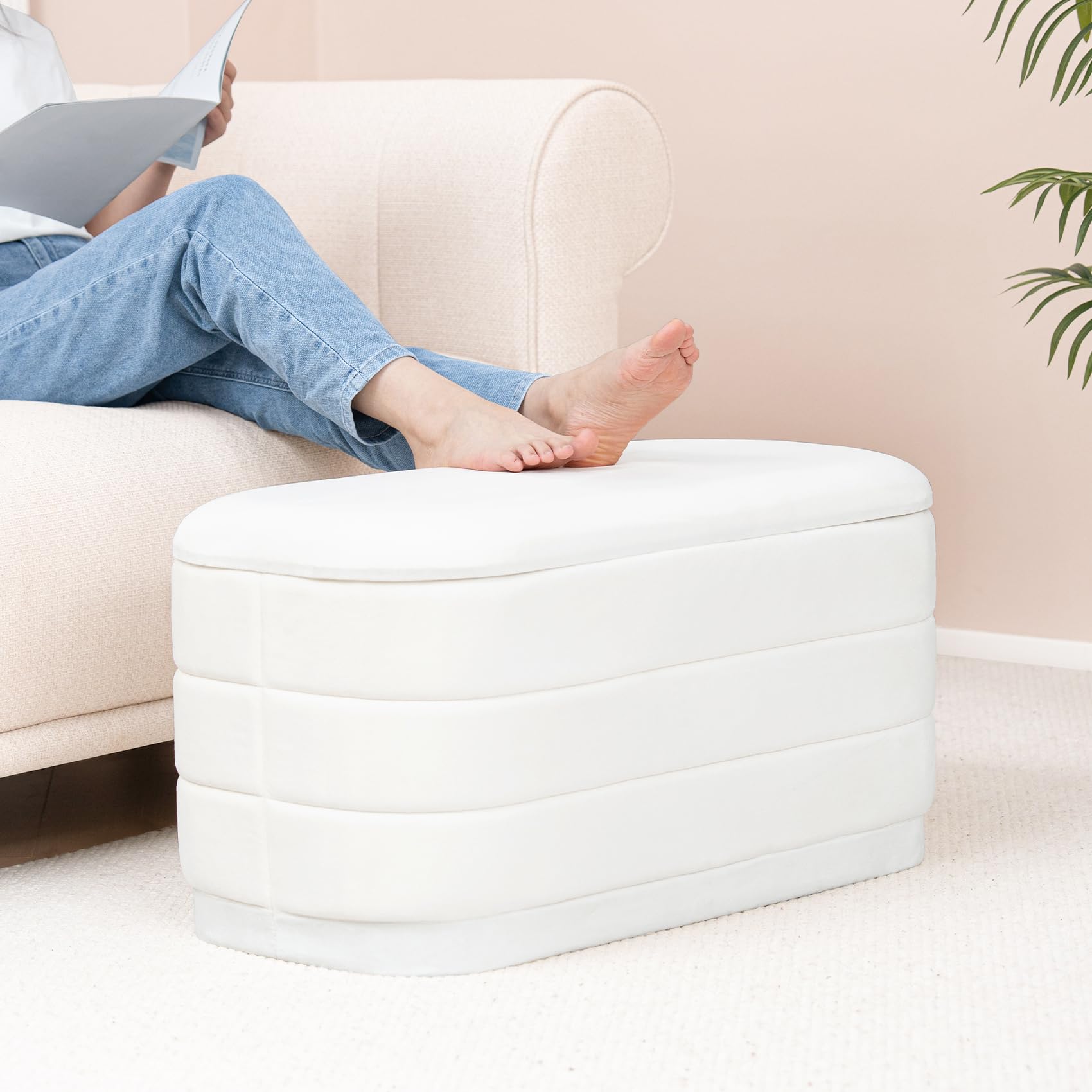 Bonlife Sitzbank mit Stauraum, Samt Klappbare Fußstütze mit Tisch, Bettende, Fußhocker für Wohnzimmer, Schlafzimmer, Flur, weißer Samt,76x38x38cm