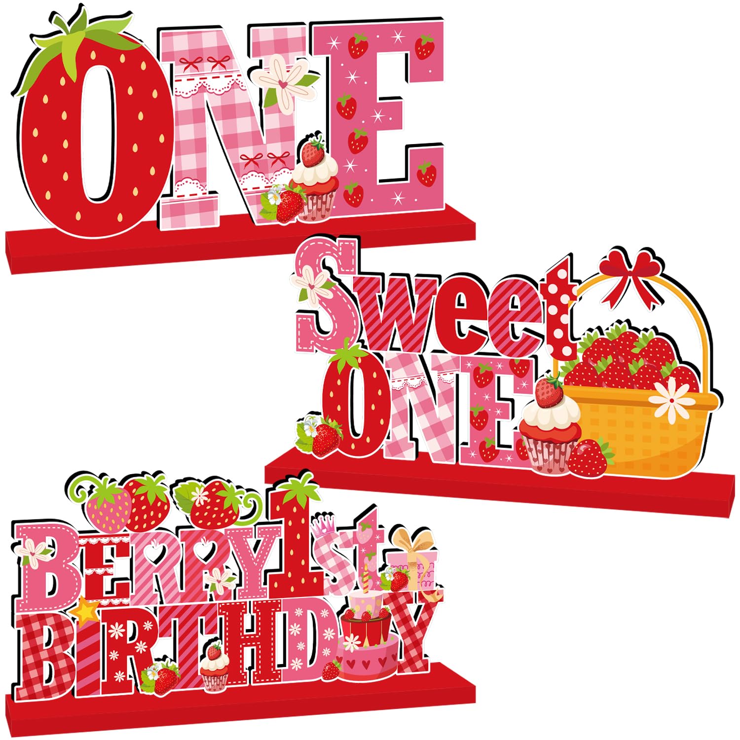 3Pcs Berry First Birthday Decorations Wooden Table Centerpieces Strawberry First Birthday Party Decor Berry 1st Table Sign for Strawberry Theme