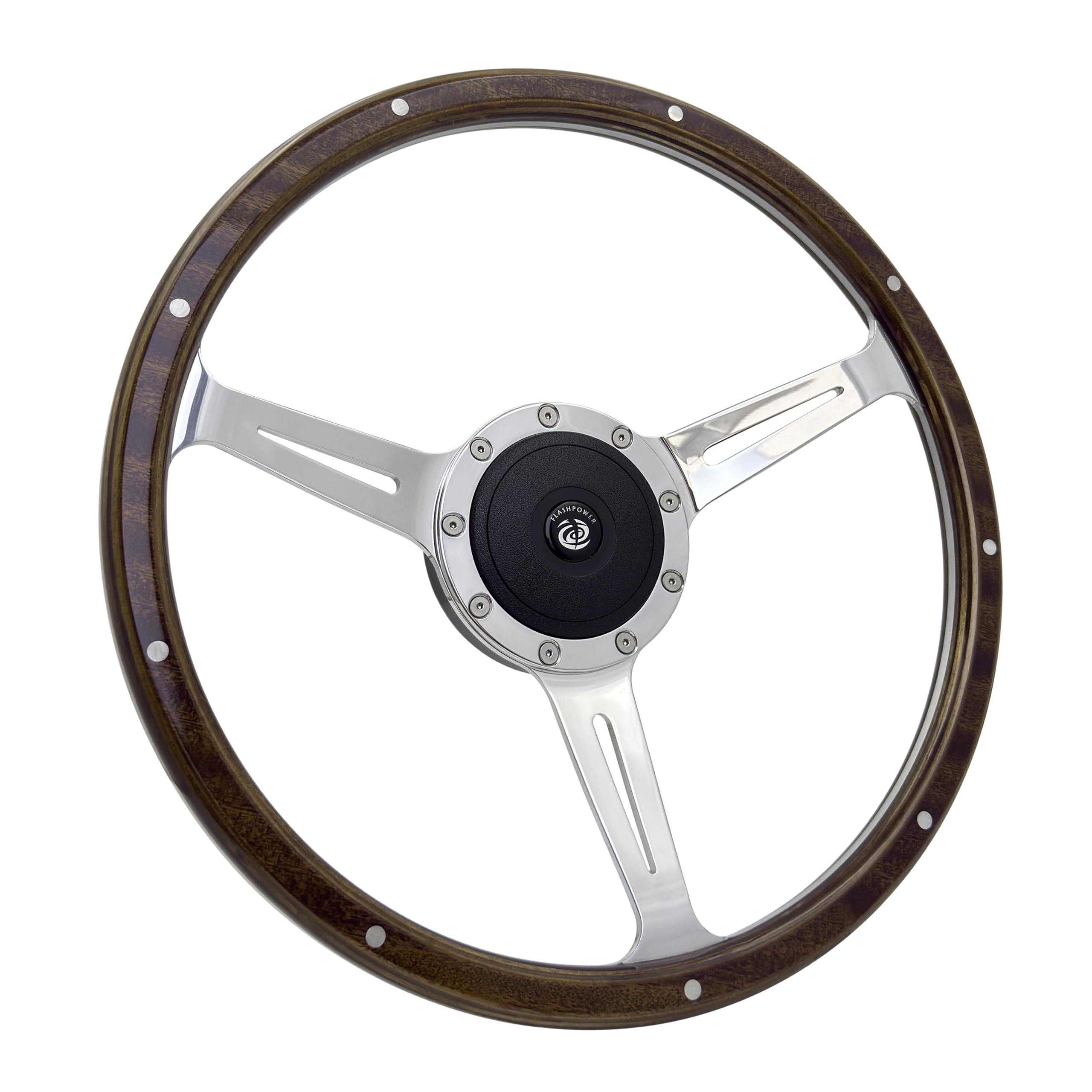 15'' Classic 9 Bolt Riveted Wood Steering Wheel w/Horn Button