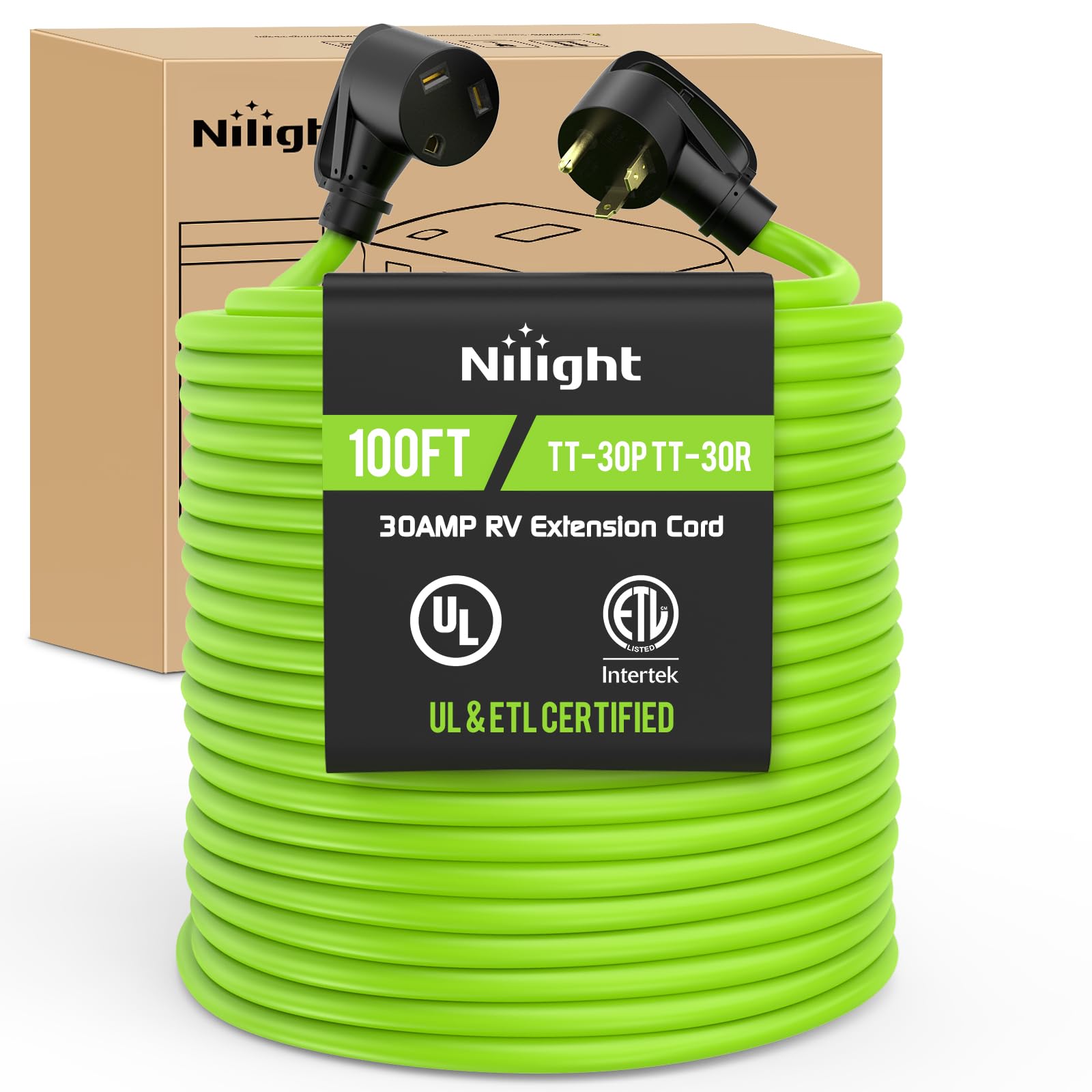 Nilight 100FT 30 Amp RV Extension Cord 125V Heavy Duty 10/3 Gauge Pure Copper STW Wire UL ETL Listed 3 Prong TT-30P TT-30R Weatherproof Suit for