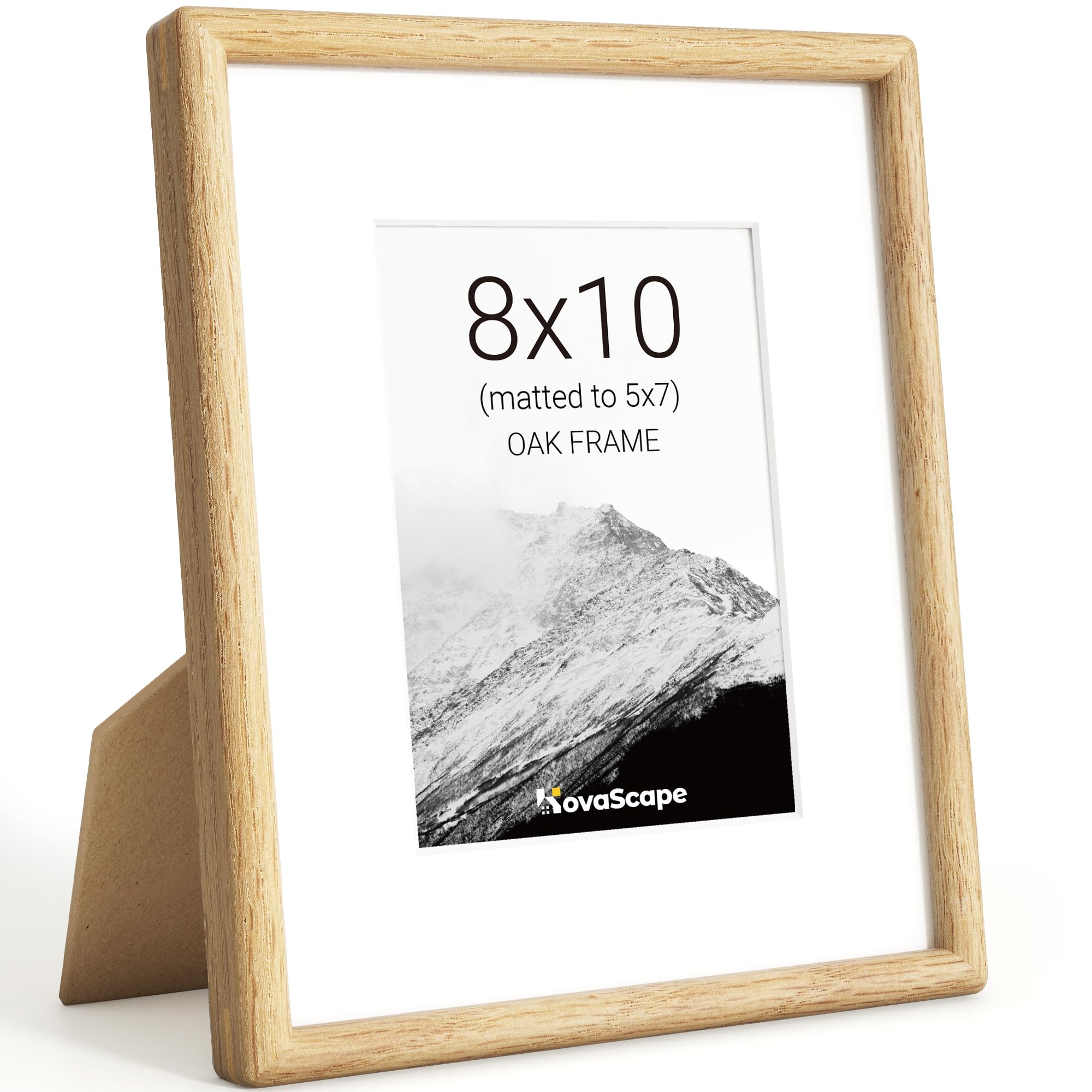 KovaScape 8x10 Picture Frame, Solid Oak Wood Photo Frame with Tempered Real Glass, Includes White Mount for 5x7 Photo, Rounded Corner Design, For Wall Hanging or Tabletop Display — image 1