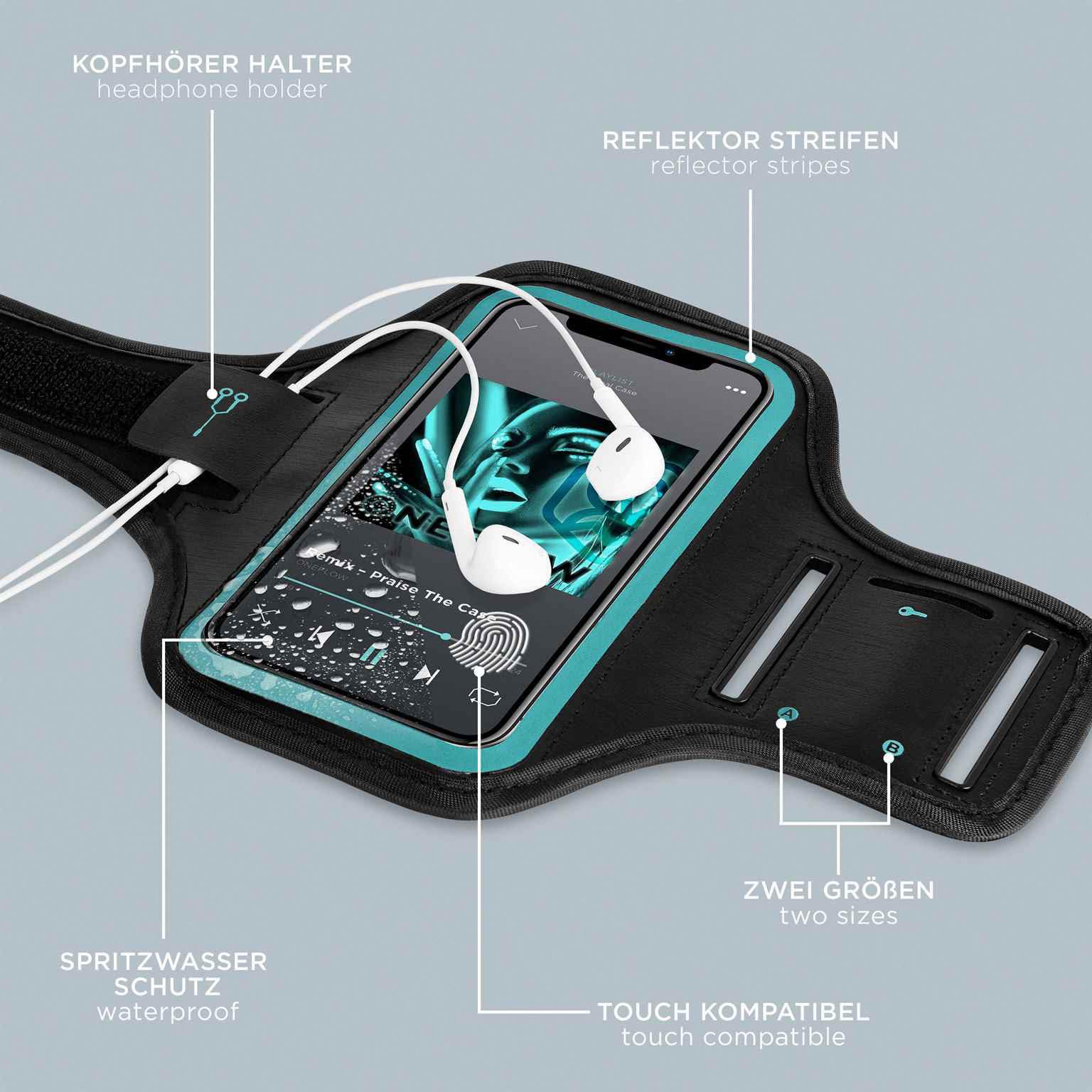 ONEFLOW Workout Case für iPhone 17 Pro Sportarmband zum Joggen mit Touch Fenster, Handy Armband für Sport und Outdoor, Handyhalterung für den Arm, Lauftasche Jogging, Blau